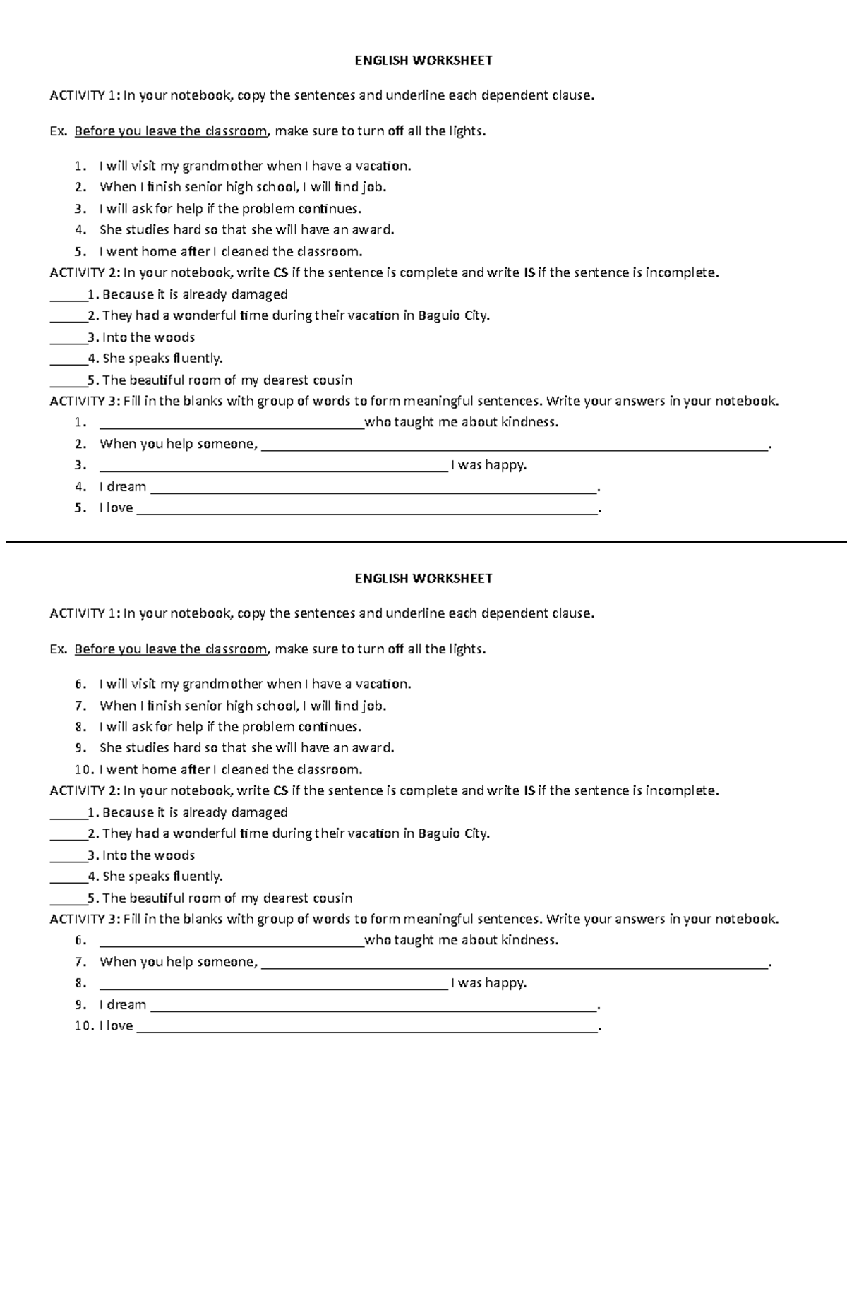 English Worksheet- phrase, clause - ENGLISH WORKSHEET ACTIVITY 1: In ...