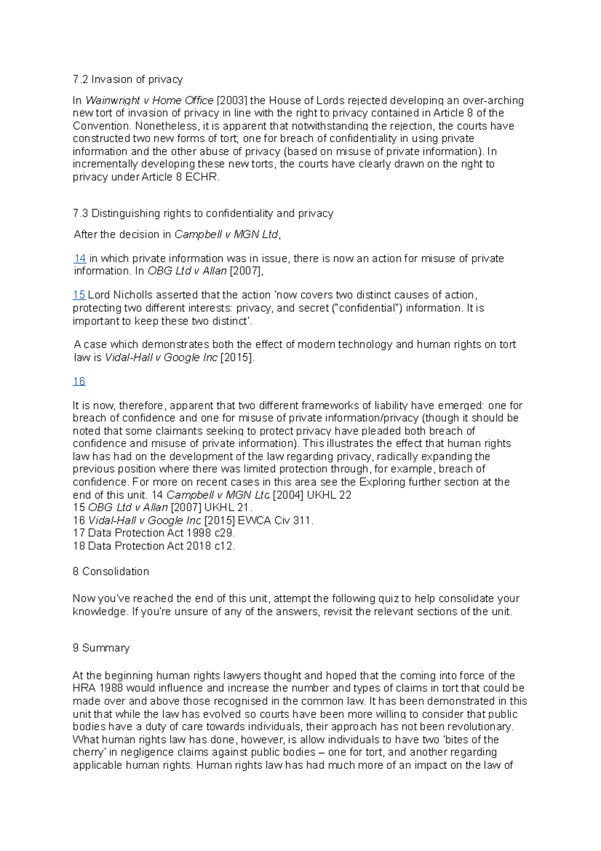 Tort law human rights notes 7 Invasion of privacy In Wainwright v