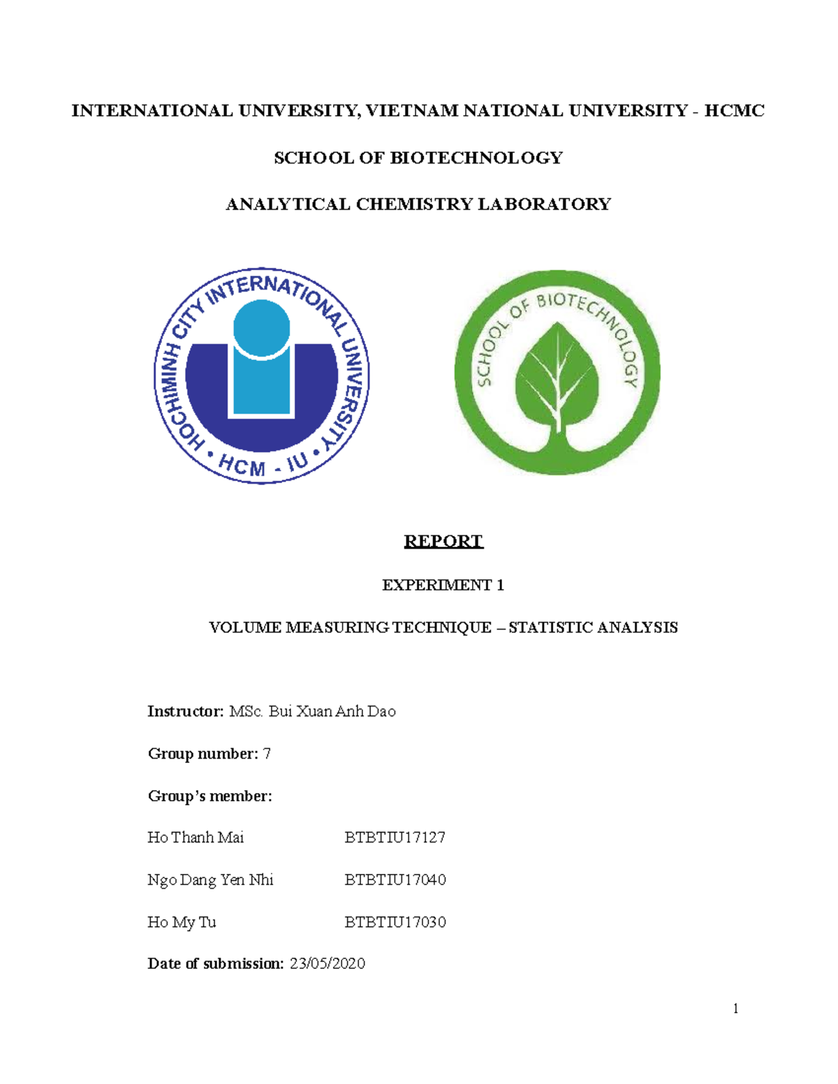 Report 1 - VOLUME MEASURING TECHNIQUE – STATISTIC ANALYSIS ...