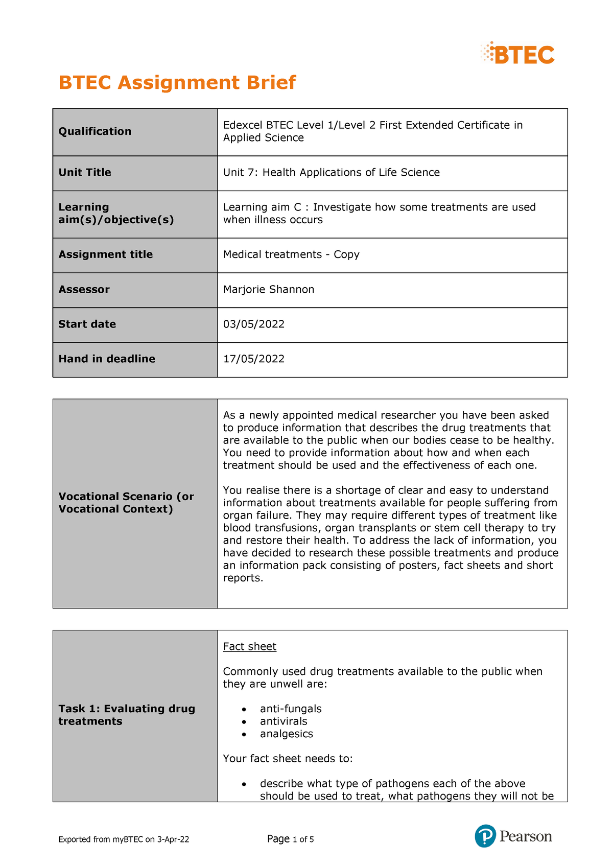 Asst 7.3 Medical Treatments - BTEC Assignment Brief Qualification ...