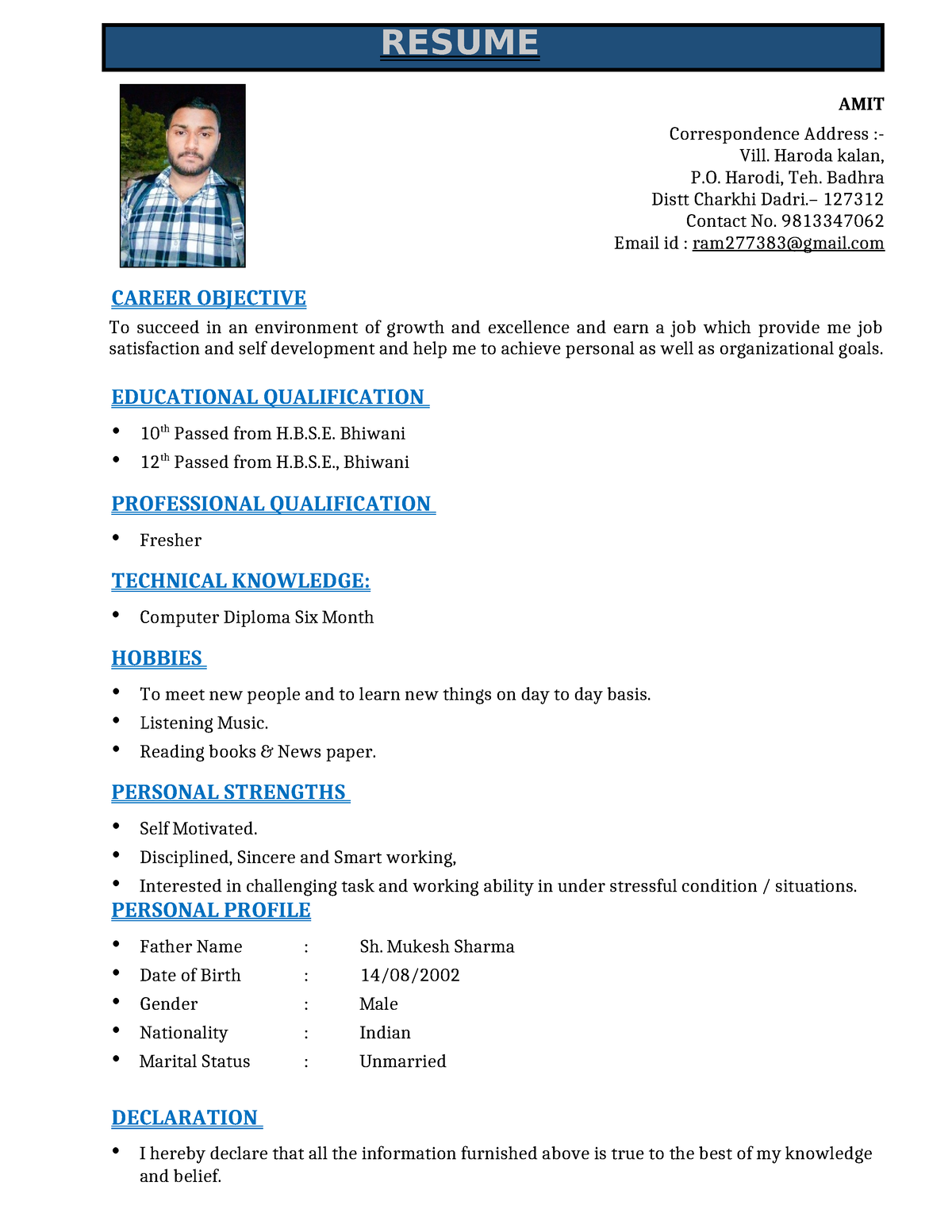 Amit resume - AMIT Correspondence Address :- Vill. Haroda kalan, P ...