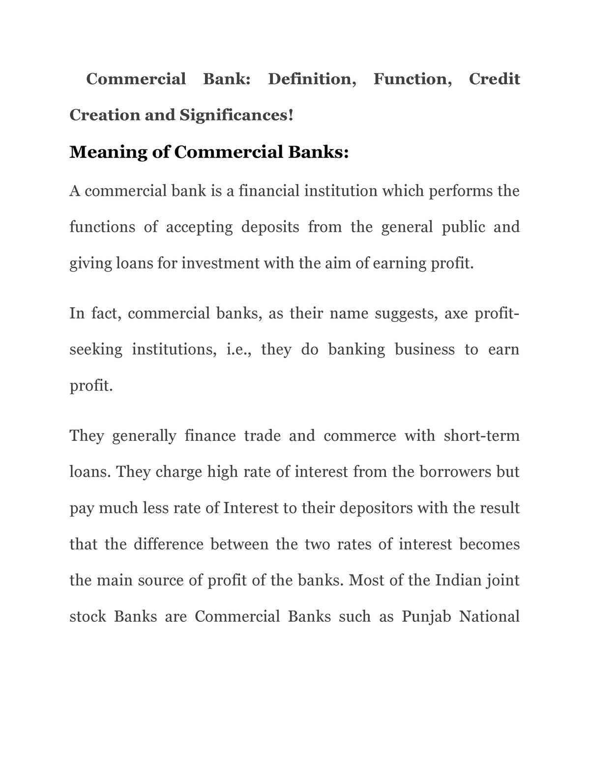 essay on commercial bank