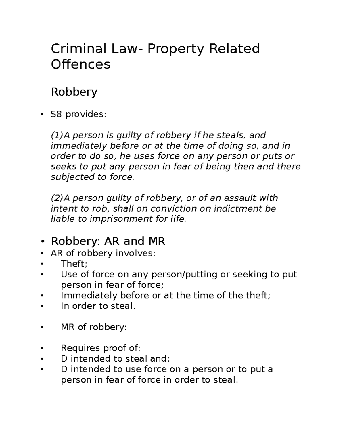 Lecture 4 Robbery & Burglary Criminal Law Property Related