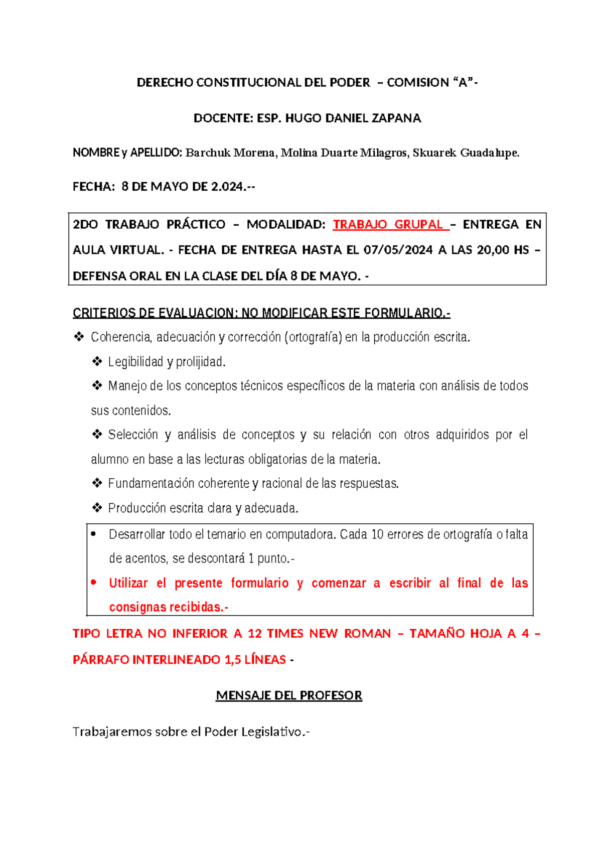 Trabajo Práctico N° 2 - 8 MAYO 2024 - DERECHO CONSTITUCIONAL DEL PODER ...