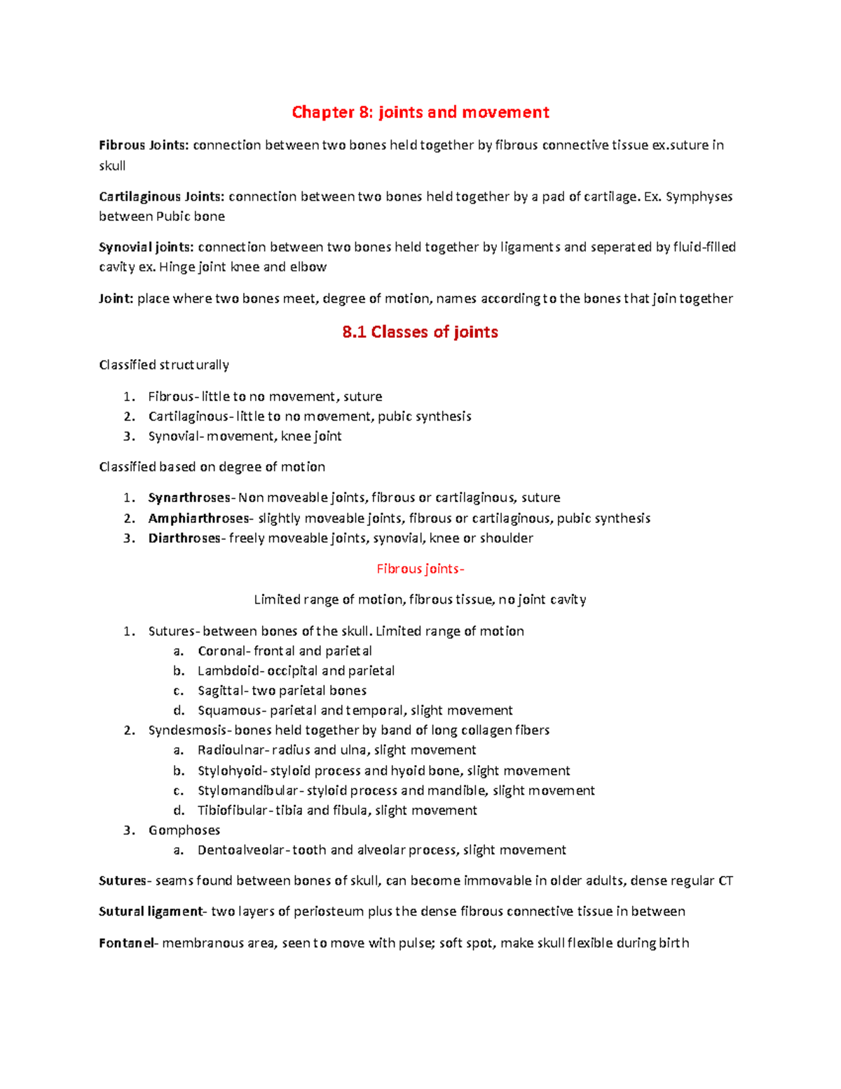 Chapter 8 Joints And Movement - Chapter 8: Joints And Movement Fibrous ...
