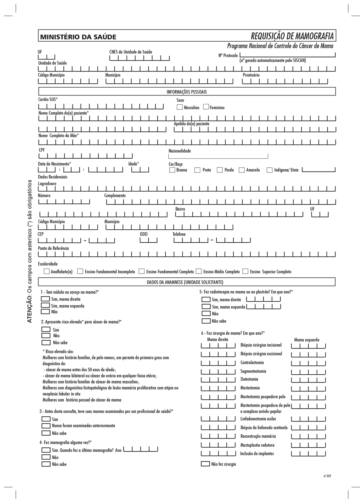 Formulario Para Requisicoes De Exames - Mamografia 332 - MINISTÉRIO DA ...