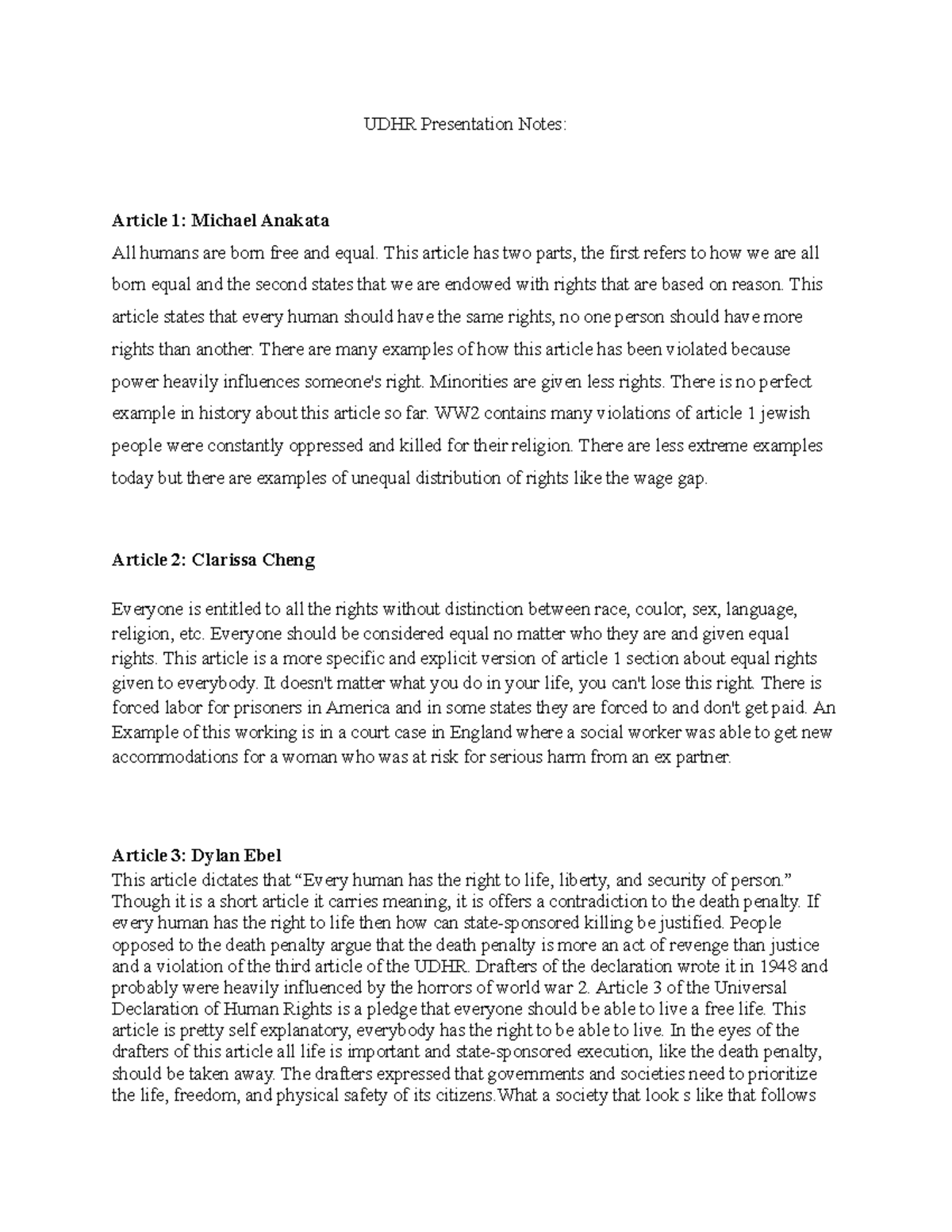 El note - UDHR assignment - UDHR Presentation Notes: Article 1: Michael ...