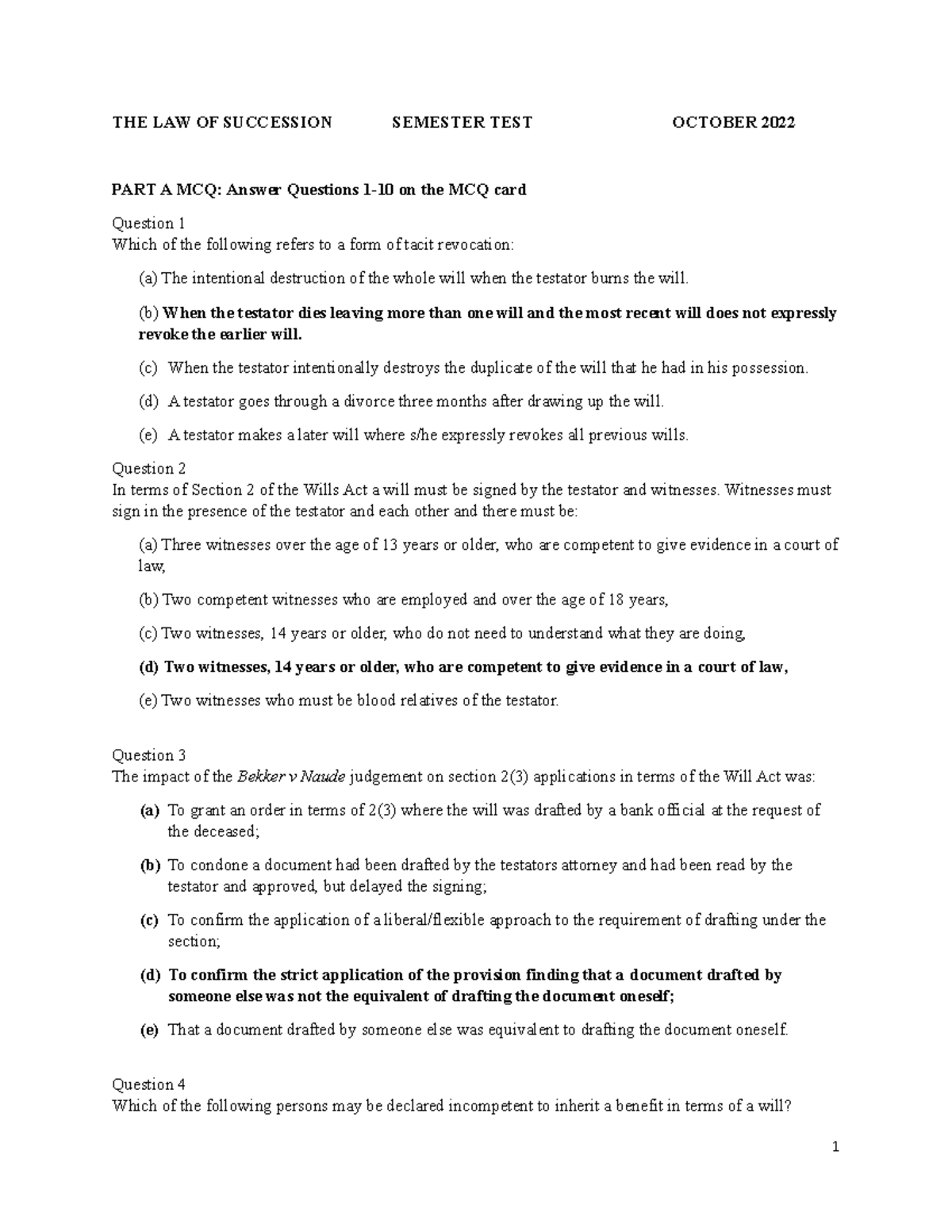 Succession+TEST+11+ October+2022+MCQ+memo - THE LAW OF SUCCESSION ...