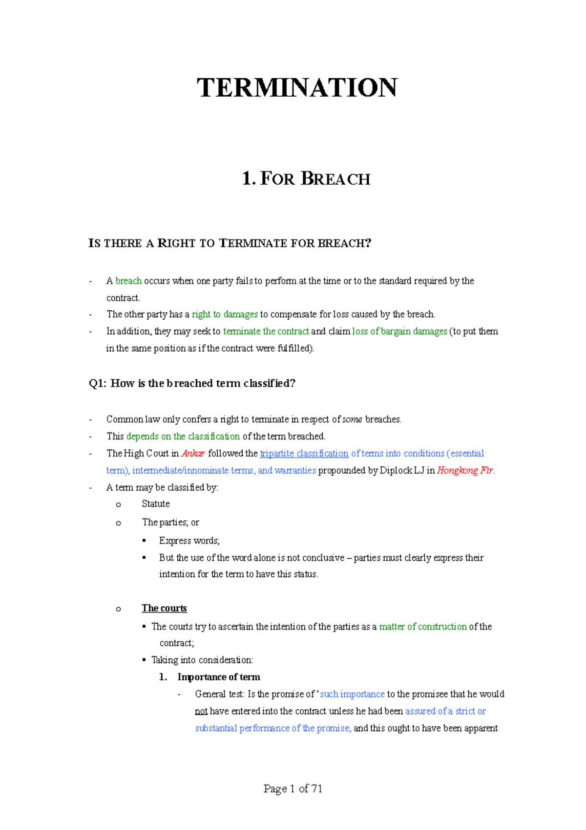 Lecture Notes, Lectures 1-10 - Contract B - TERMINATION 1. FOR BREACH ...