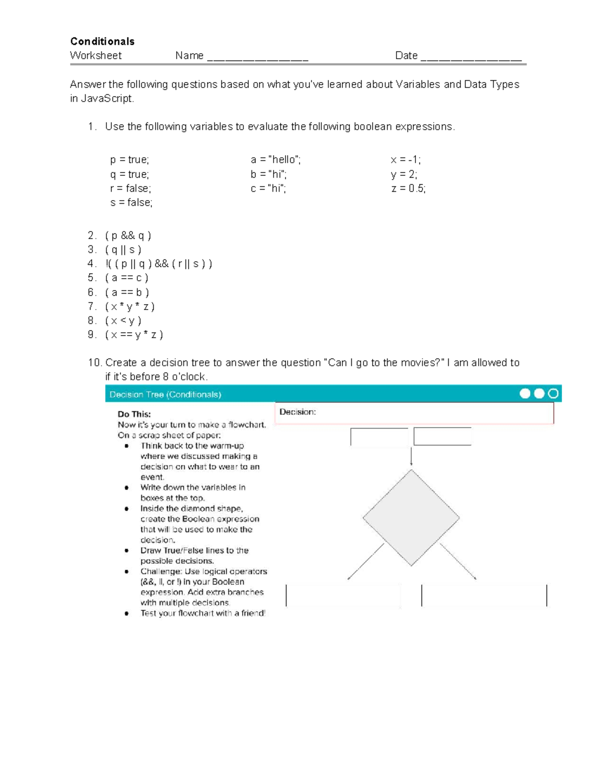 Conditionals Worksheet - Conditionals Worksheet Name ...