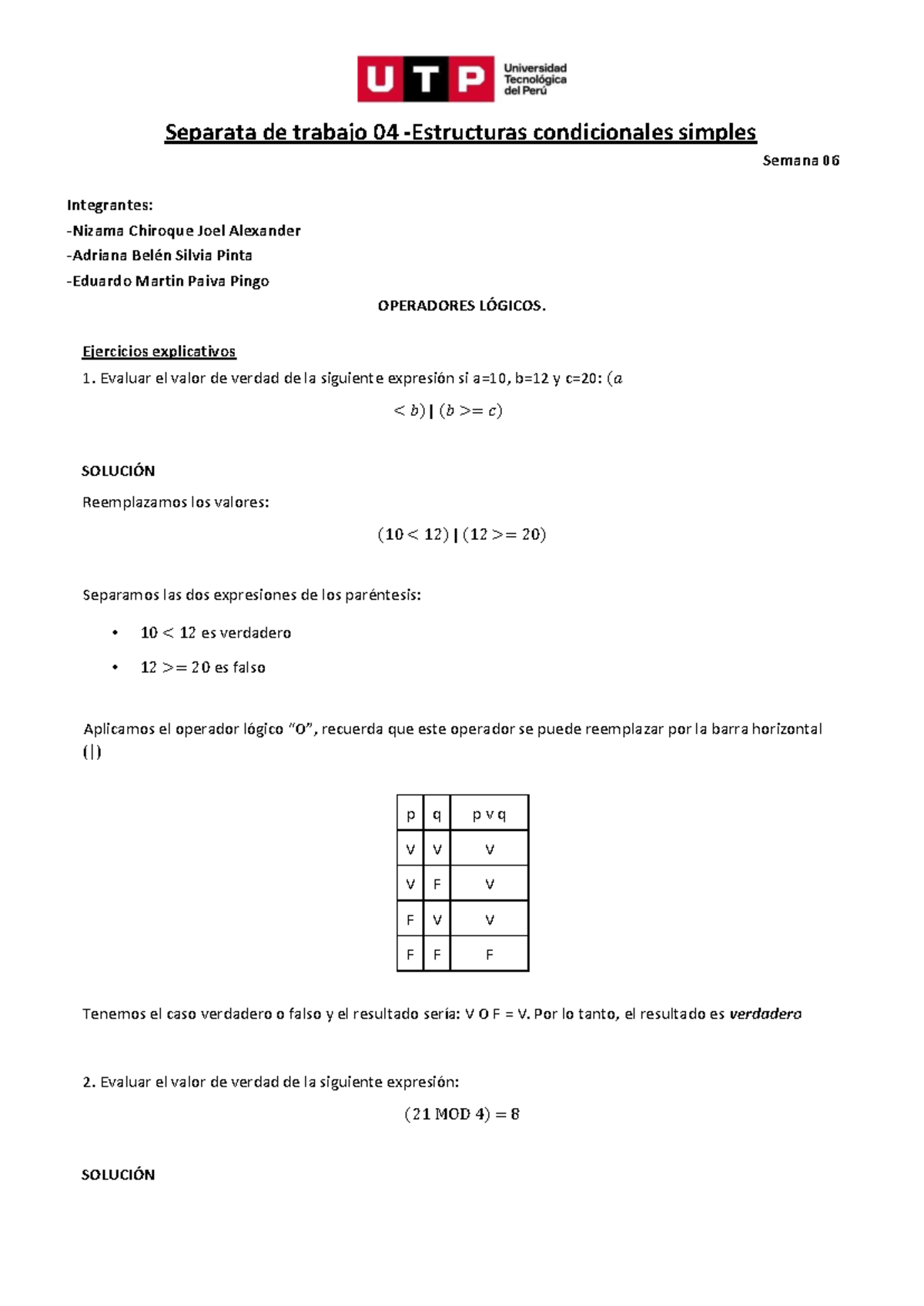 Separata De Trabajo Estructuras Condicionales Simples Ejercicios Explicativos Evaluar El