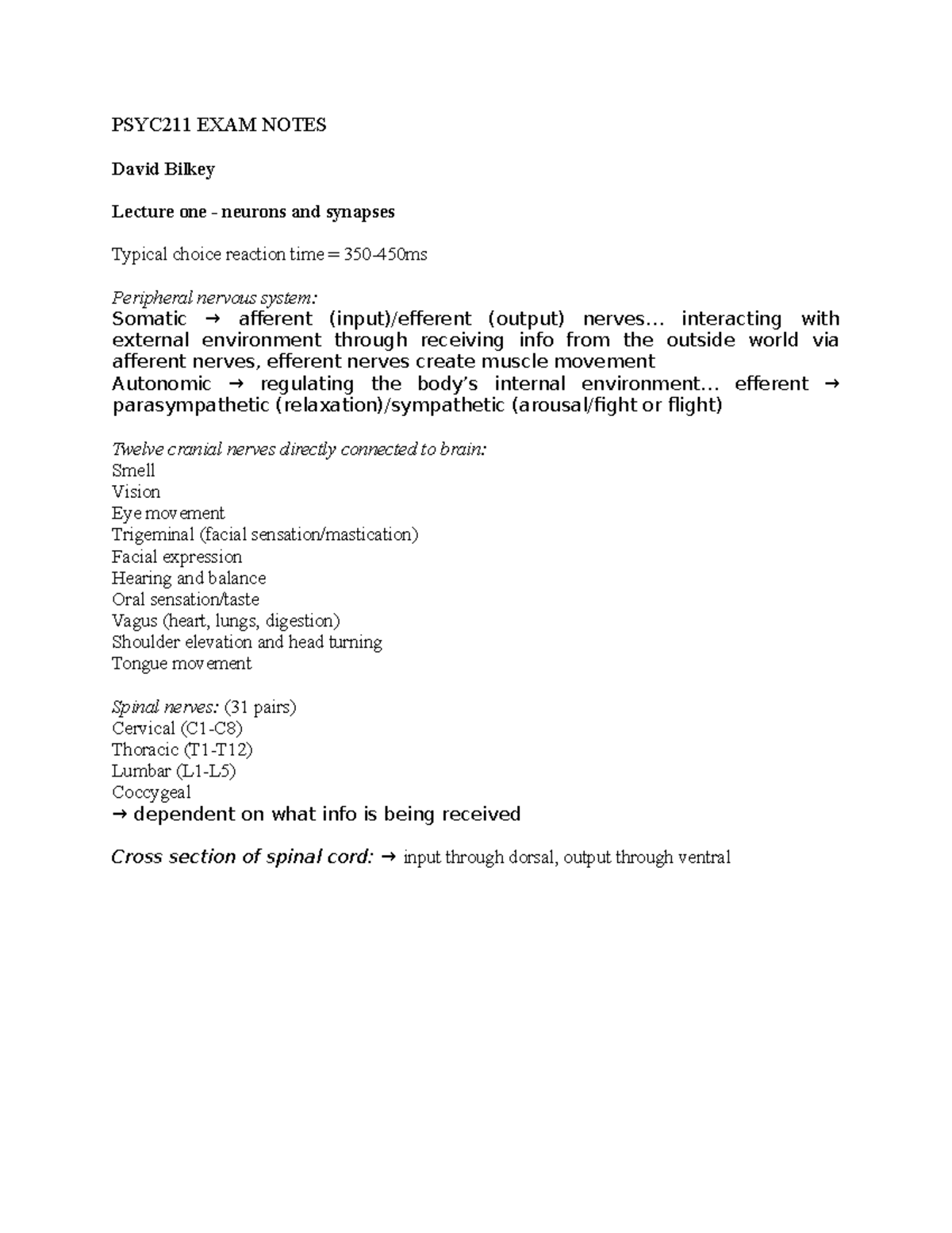 211 EXAM DOC - exam notes - PSYC211 EXAM NOTES David Bilkey Lecture one ...
