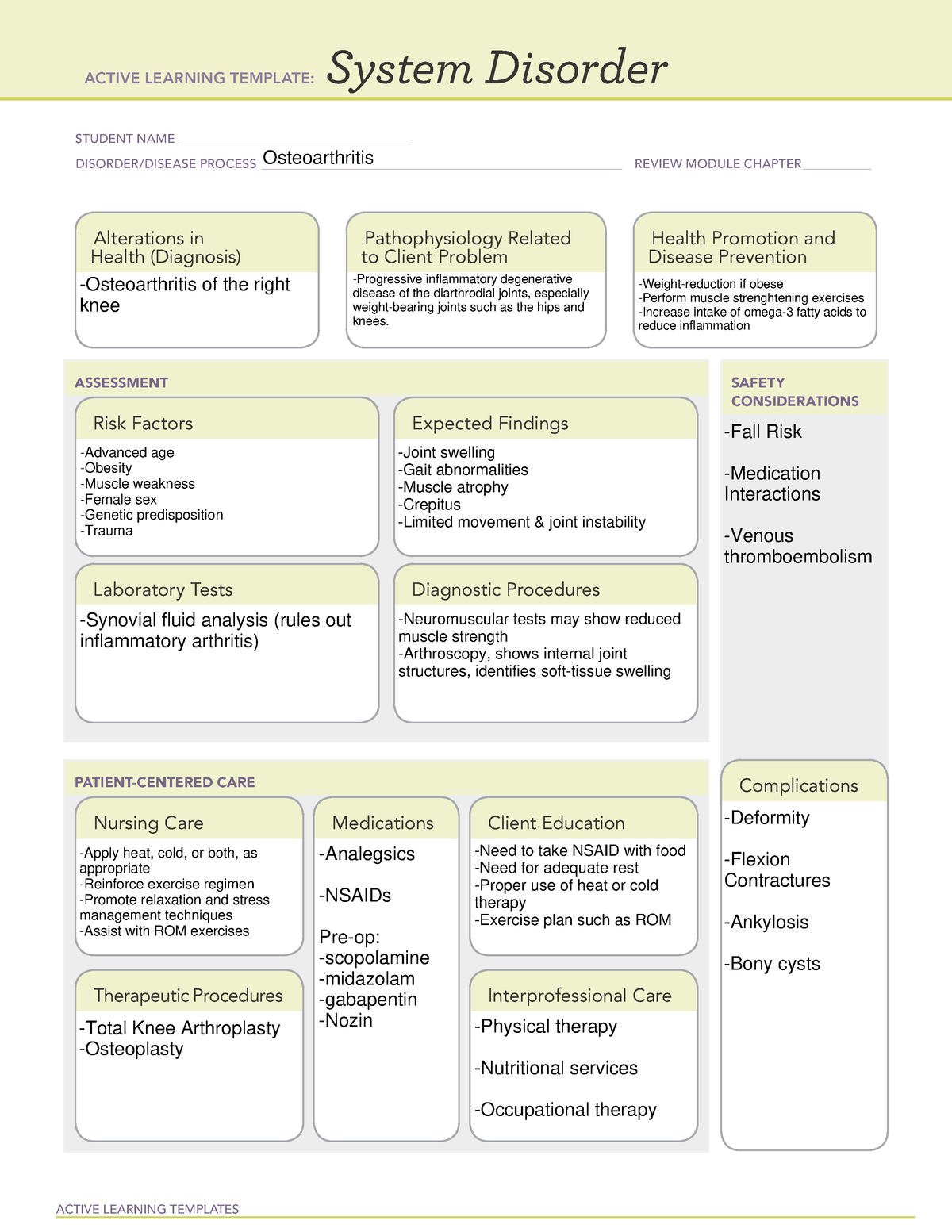 System Disorder Form (Osteoarthritis) - ACTIVE LEARNING TEMPLATES ...
