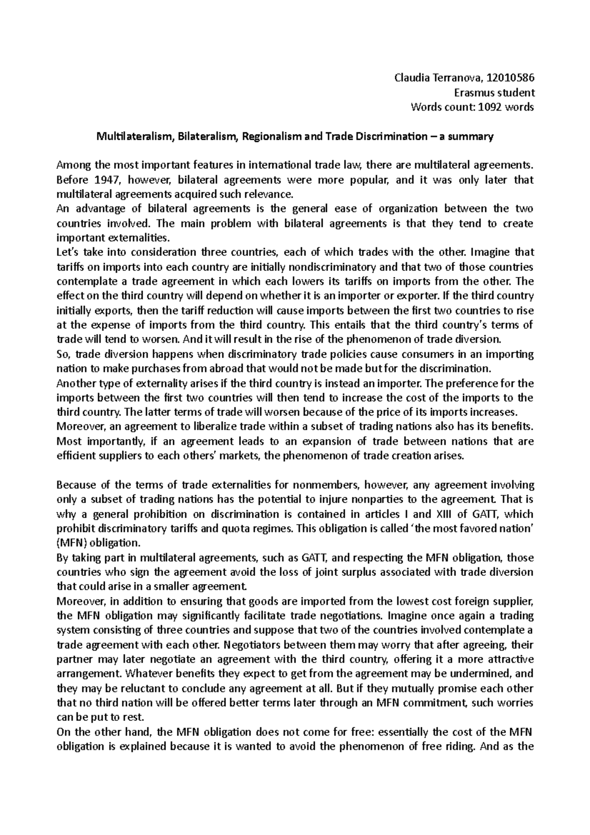 Multilateralism And Bilateralism Summary - Claudia Terranova, 12010586 ...