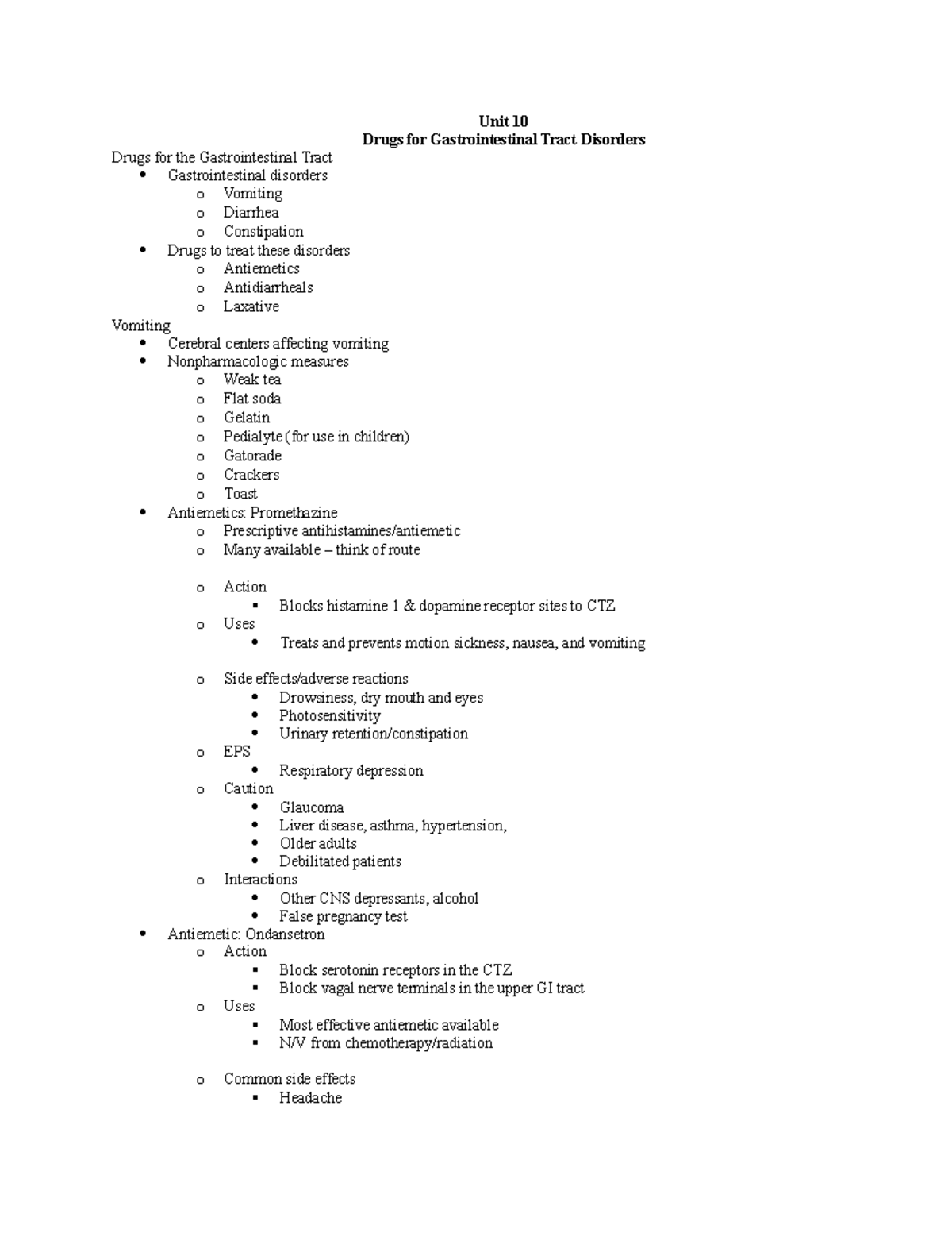 U10 GI Drugs notes - exam 4 - Unit 10 Drugs for Gastrointestinal Tract ...