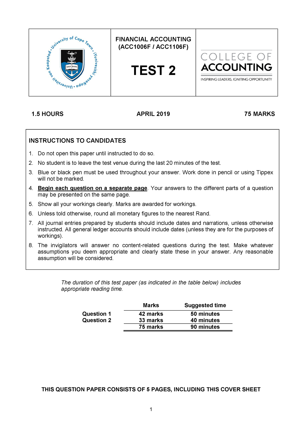 Test 2 2019 ACC1006F Previous Practice Paper - FINANCIAL ACCOUNTING ...