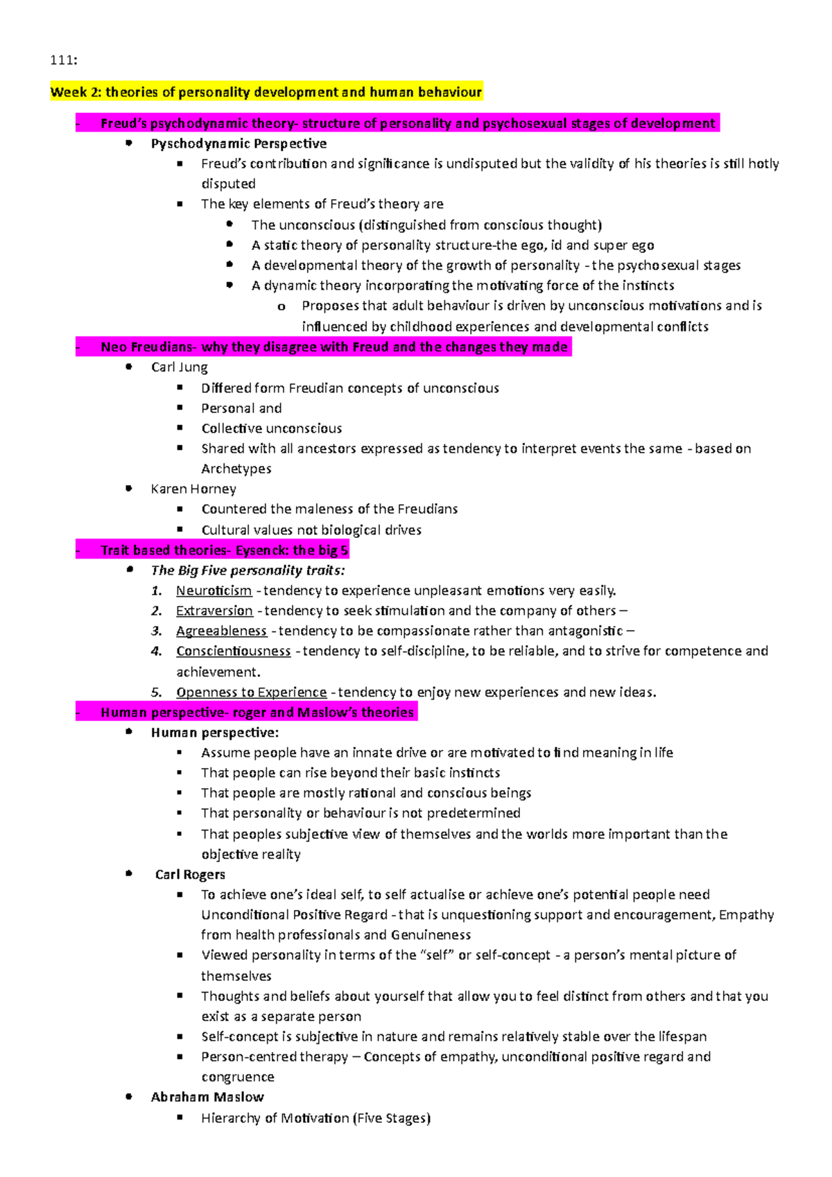 HLSC111 Study Notes - 111: Week 2: theories of personality development ...