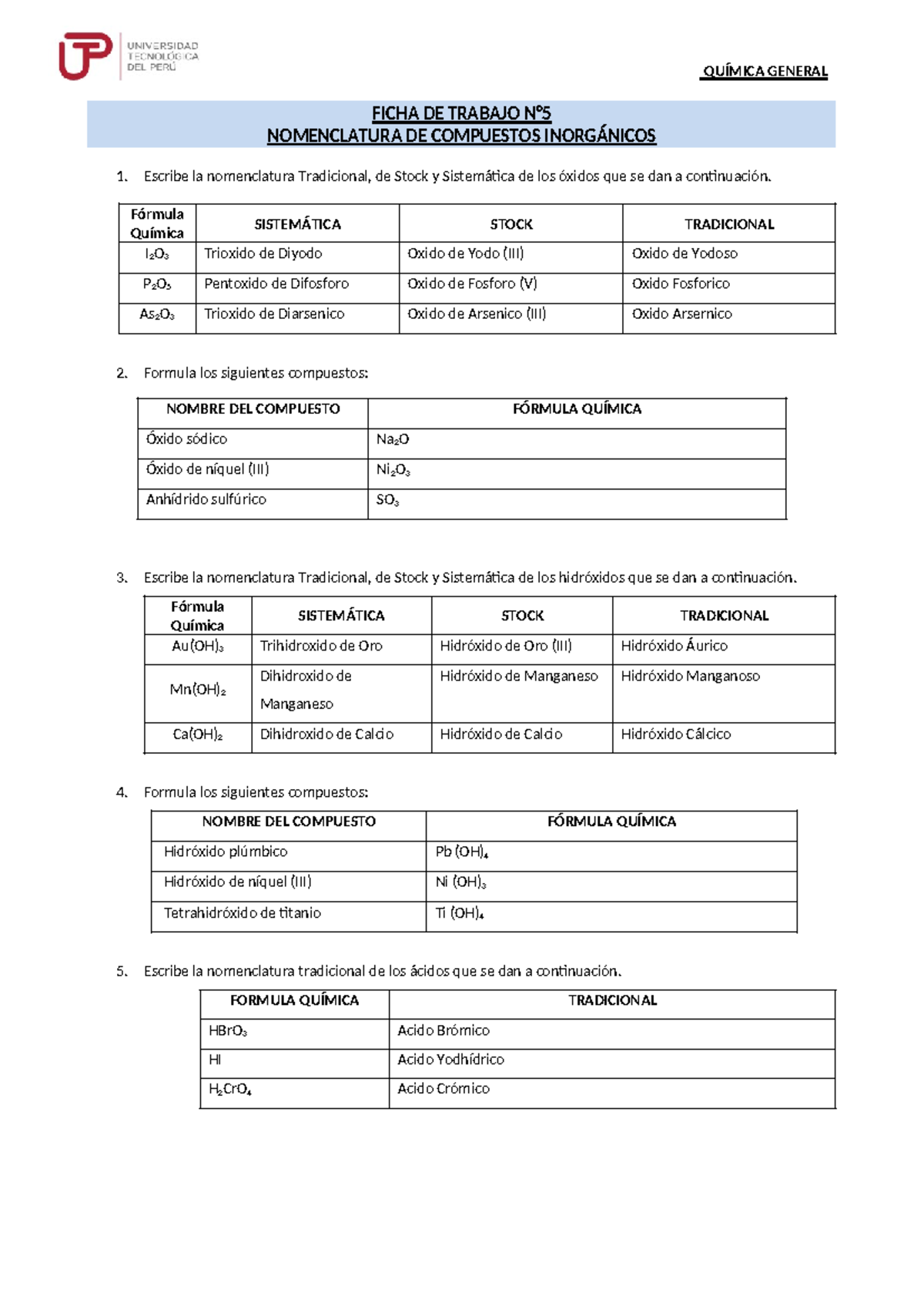 Ficha De Trabajo 5- Tarea - QUÍMICA GENERAL FICHA DE TRABAJO N ...