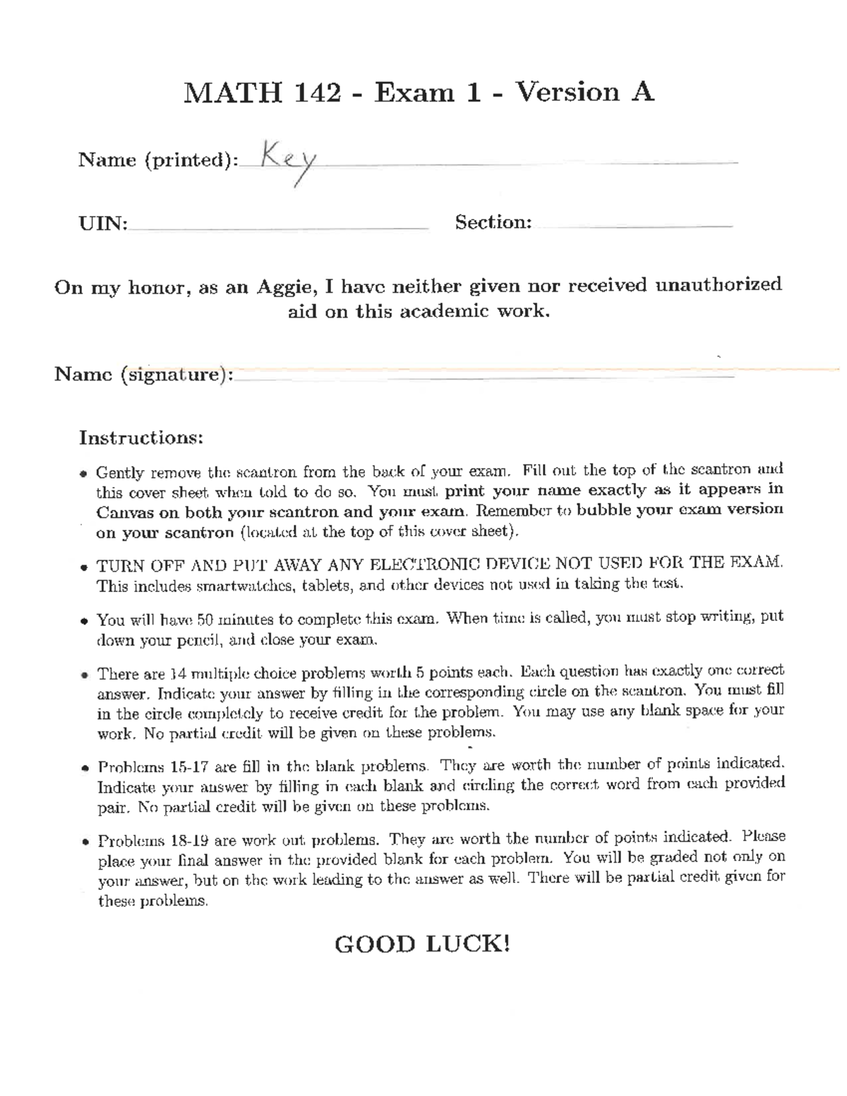 Exam1AKey - exam review - MATH 142 Exam 1 Version A Name (printed): Key ...