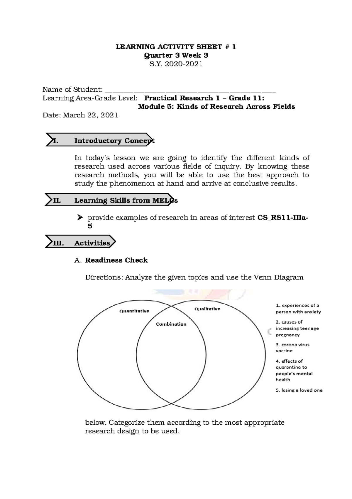 activity sheets research