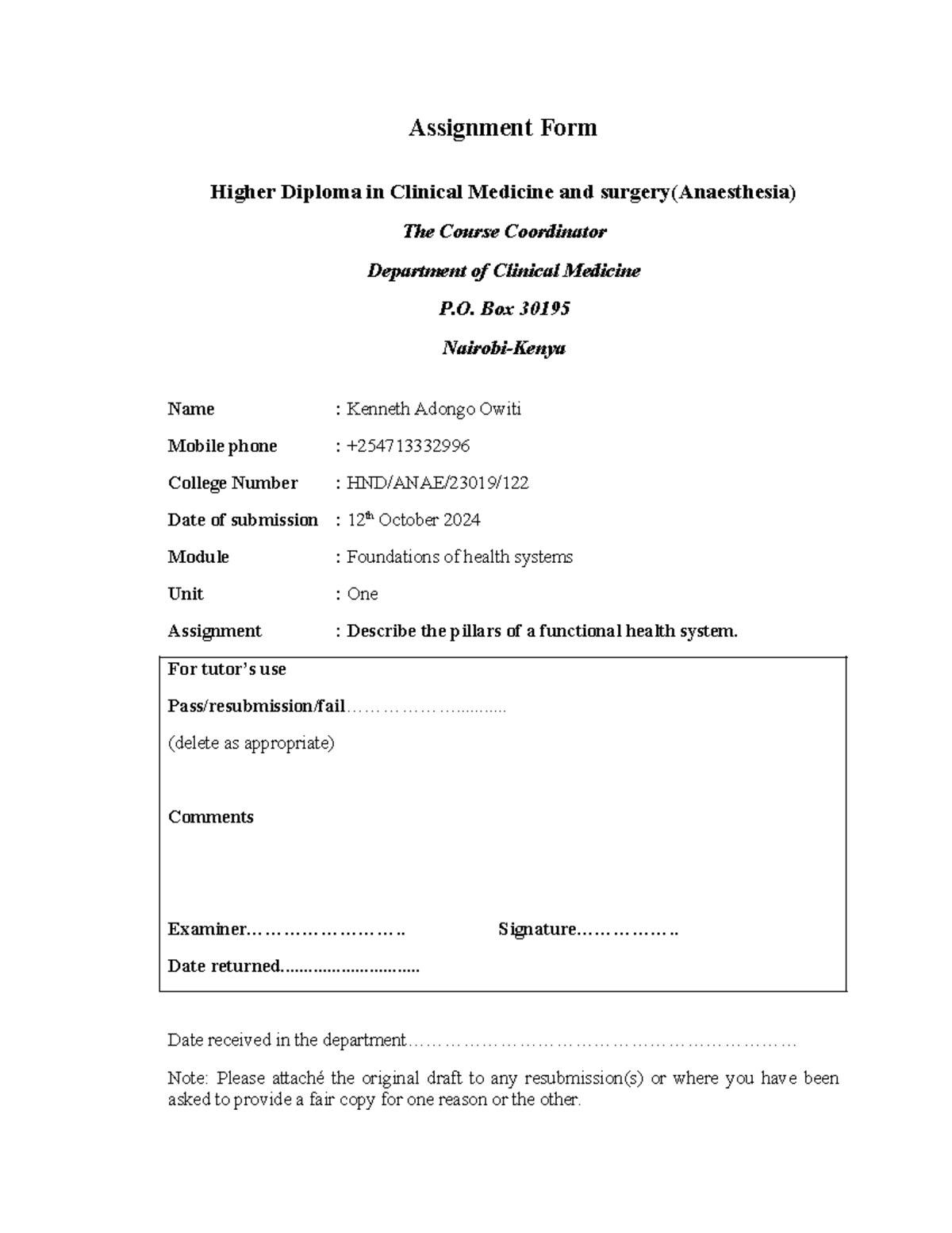 Cover Page for assignments updated - Assignment Form Higher Diploma in ...