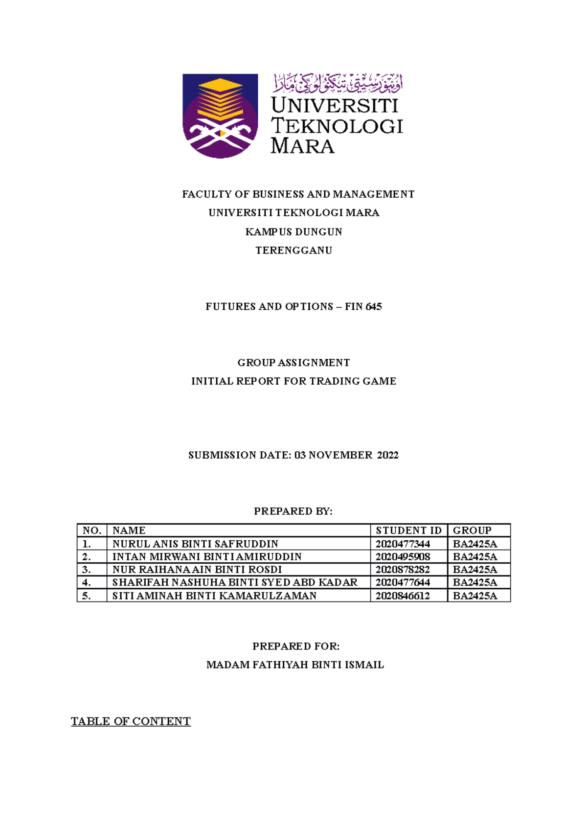 [ FIN645 ] Group Assignment Initial Report - FACULTY OF BUSINESS AND ...