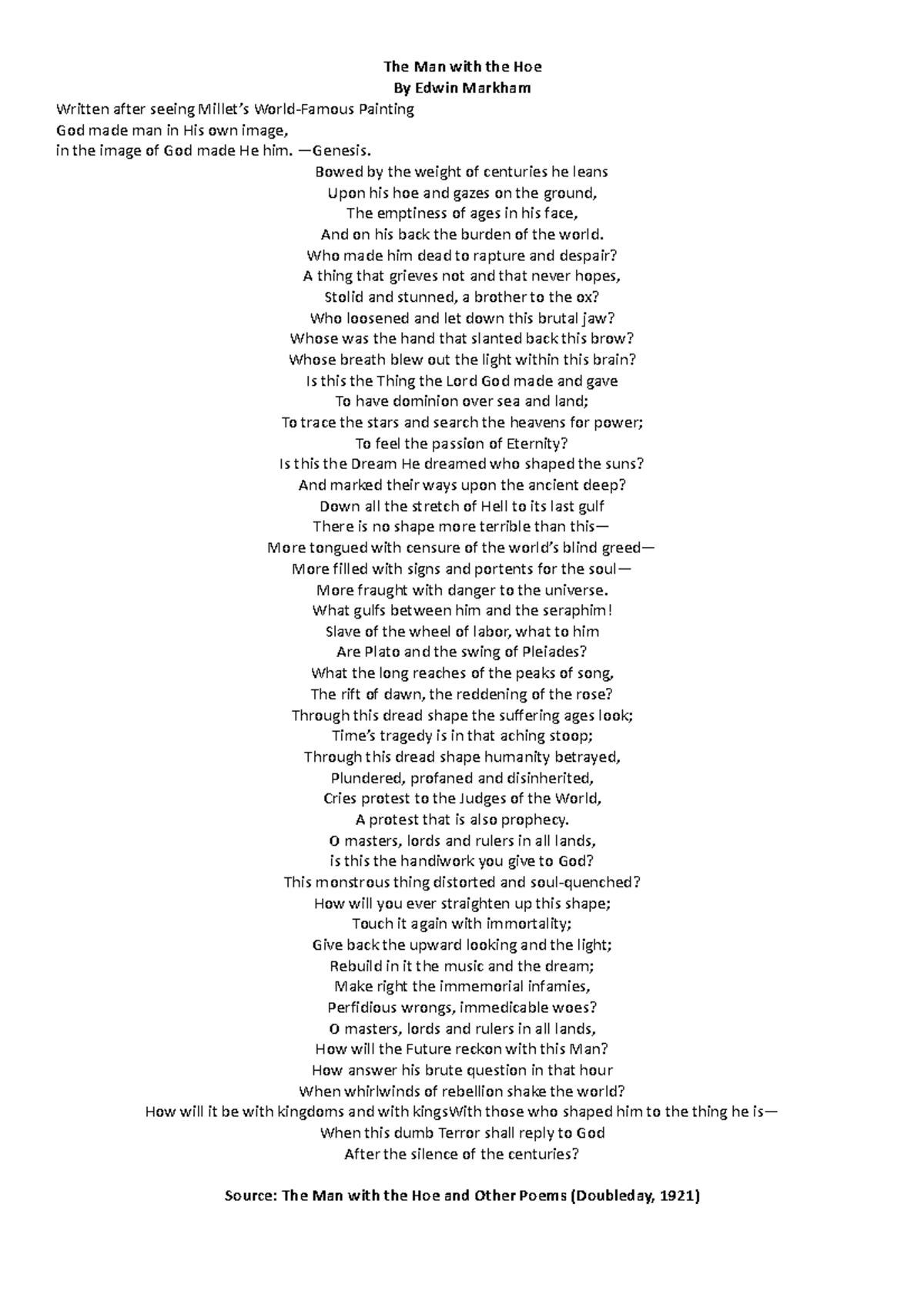 The Man with the Hoe its a lecture note The Man with the Hoe By