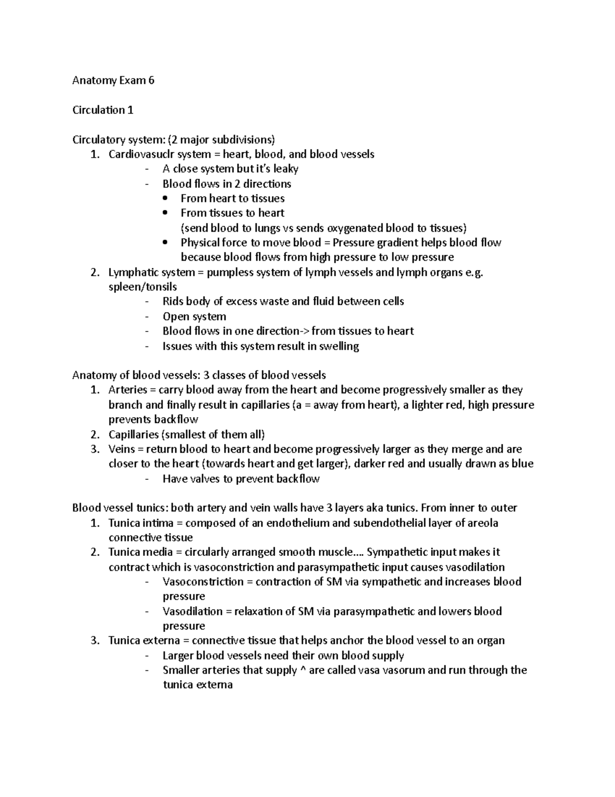 Anatomy Circulation Exam study guide - Anatomy Exam 6 Circulation 1 ...