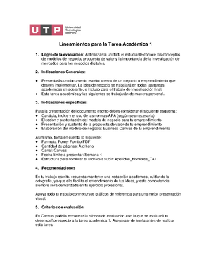 TA1 - Sem 4 - Lineamientos para la Tarea Académica 1 1. Logro de la  evaluación: Al finalizar la - Studocu