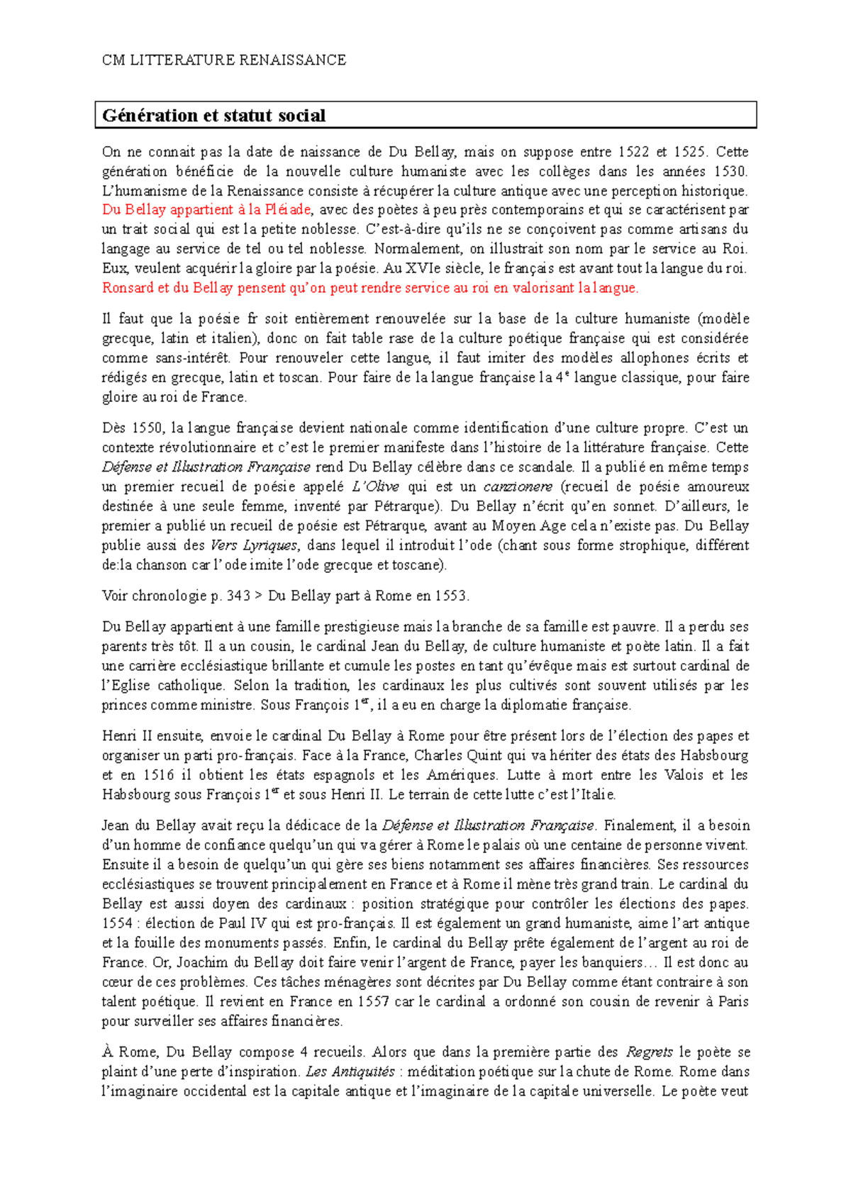 Les Regrets Du Bellay Analyse Sonnet 54 Cm littérature renaissance - Génération et statut social On ne connait pas  la date de naissance de - Studocu