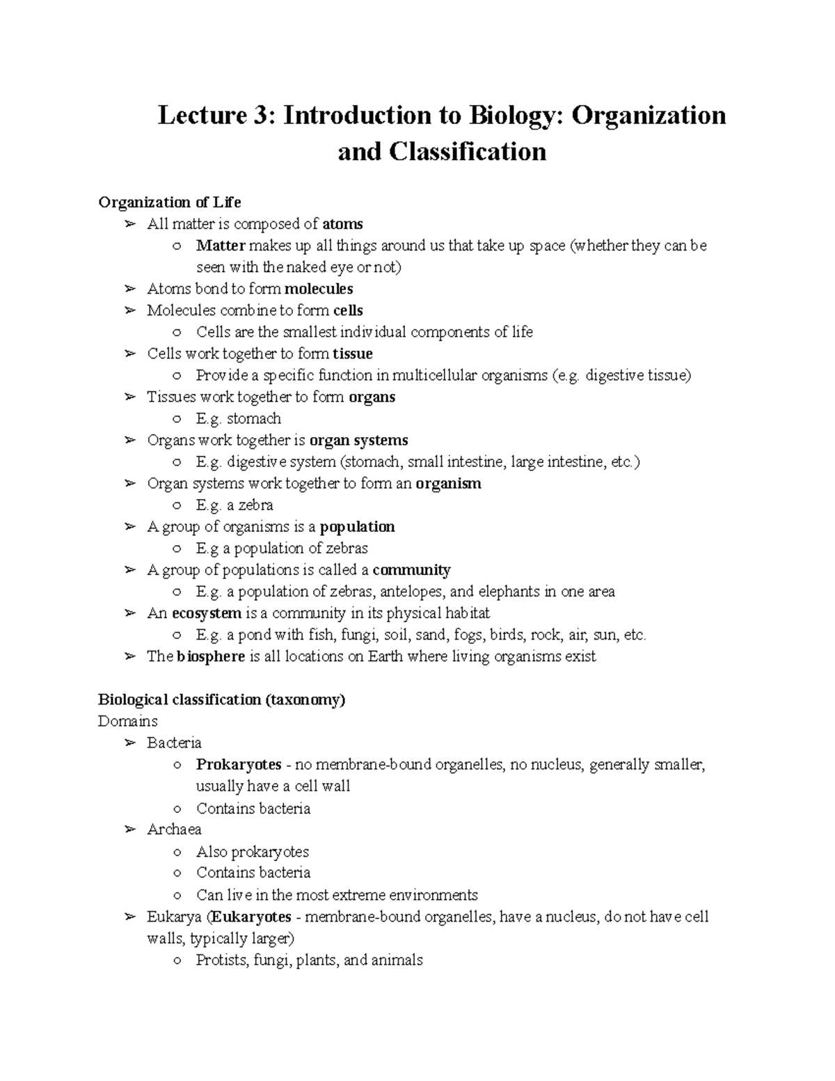 Lecture 3: Introduction to Biology: Organization and Classification ...