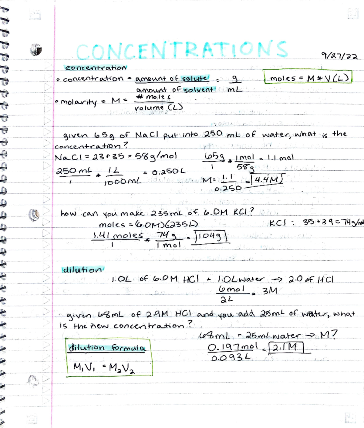 Concentrations Concentration/dilution formulas, practice problems