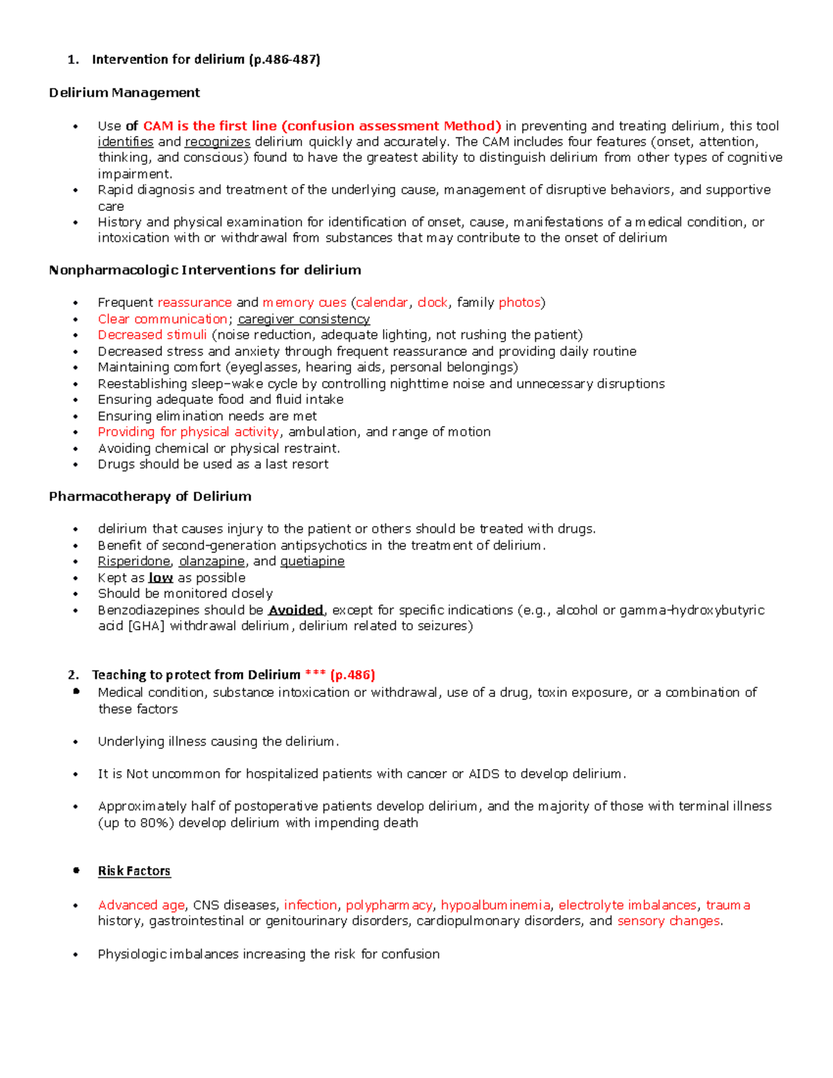 Geri review 2 - nursing - 1. Intervention for delirium (p-487) Delirium ...