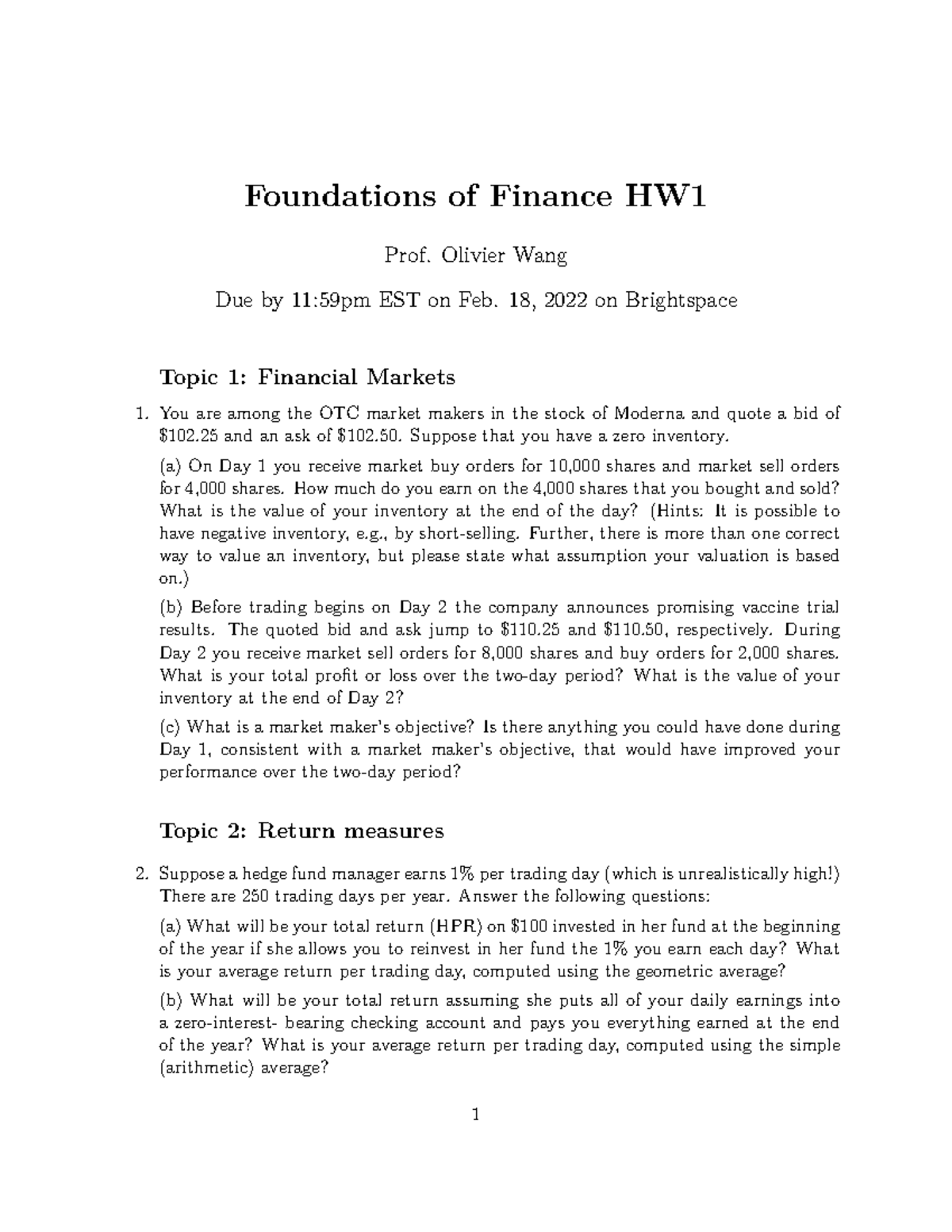 written Homework 1 2022 - Foundations of Finance HW Prof. Olivier Wang ...