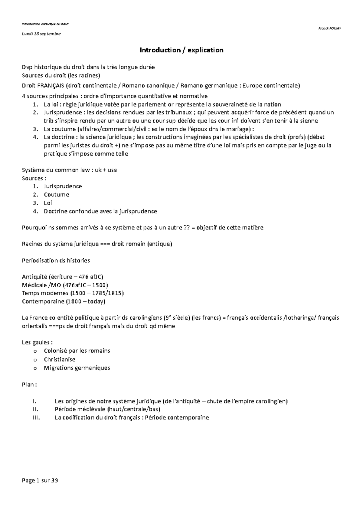 Introduction historique au droit - Franck ROUMY Lundi 18 septembre ...