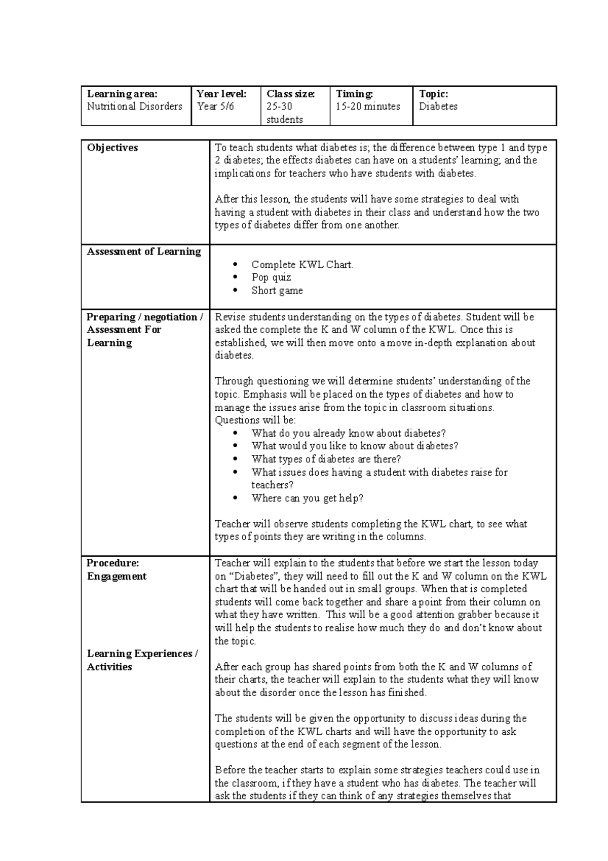 Lesson plan - Assignment - Learning area: Nutritional Disorders Year ...