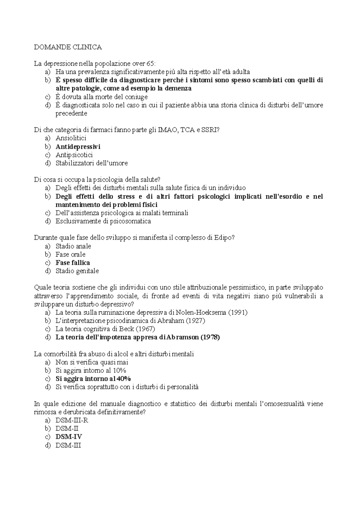 Esame 2018, domande+risposte - DOMANDE CLINICA La depressione nella