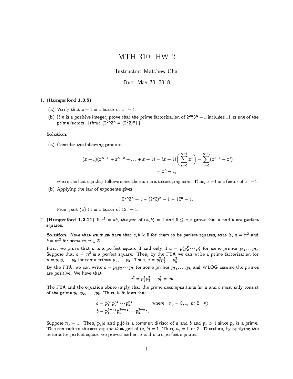 Hw2 sol - Homework Solutions - MTH 310: HW 2 Instructor: Matthew Cha ...