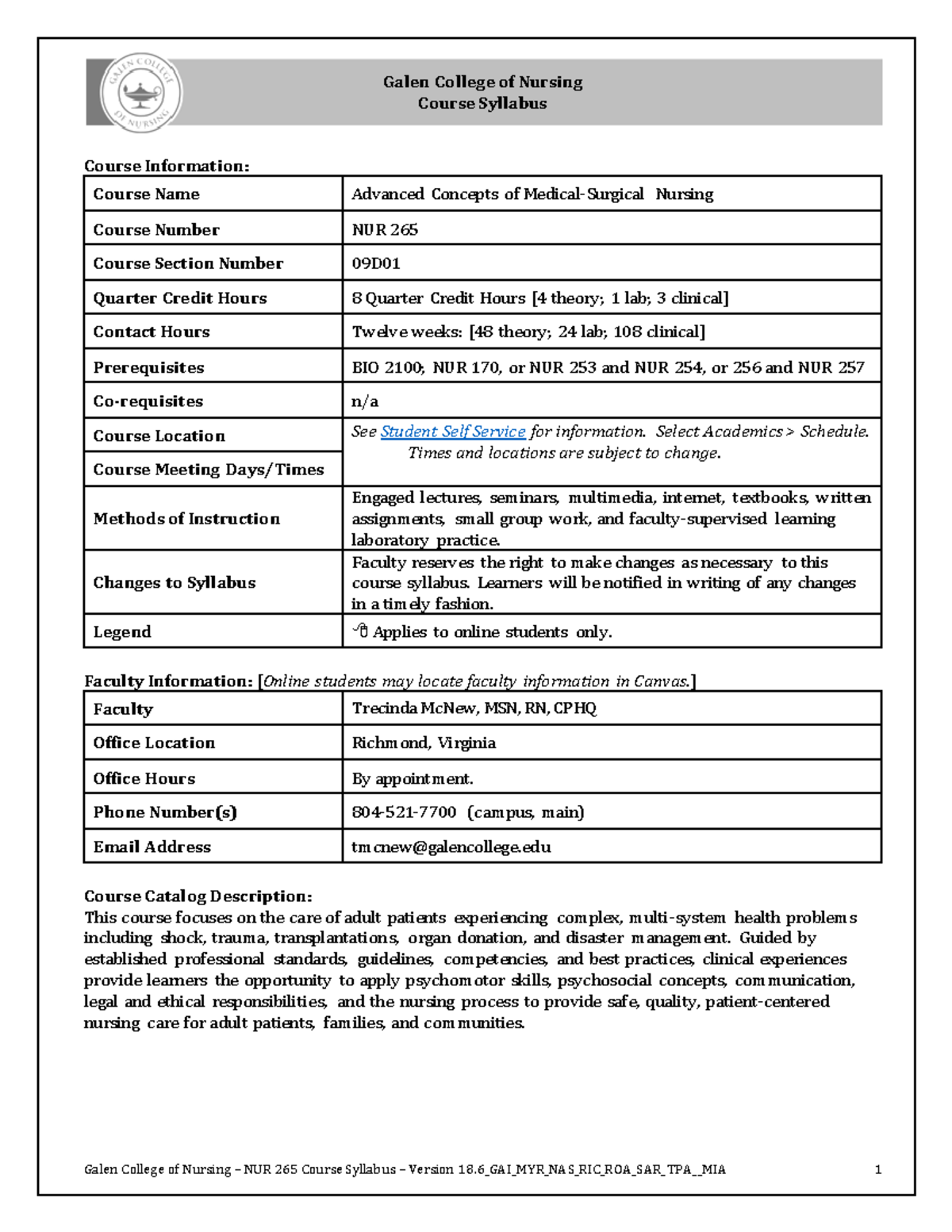 NUR 265 09D01 Syllabus Version 18-6 - Galen College of Nursing Course ...