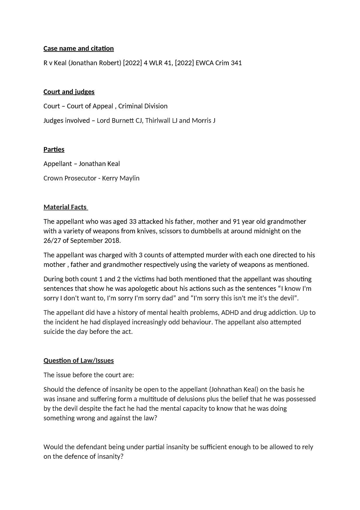 CASE NOTE Assignment - Case name and citation R v Keal (Jonathan Robert ...