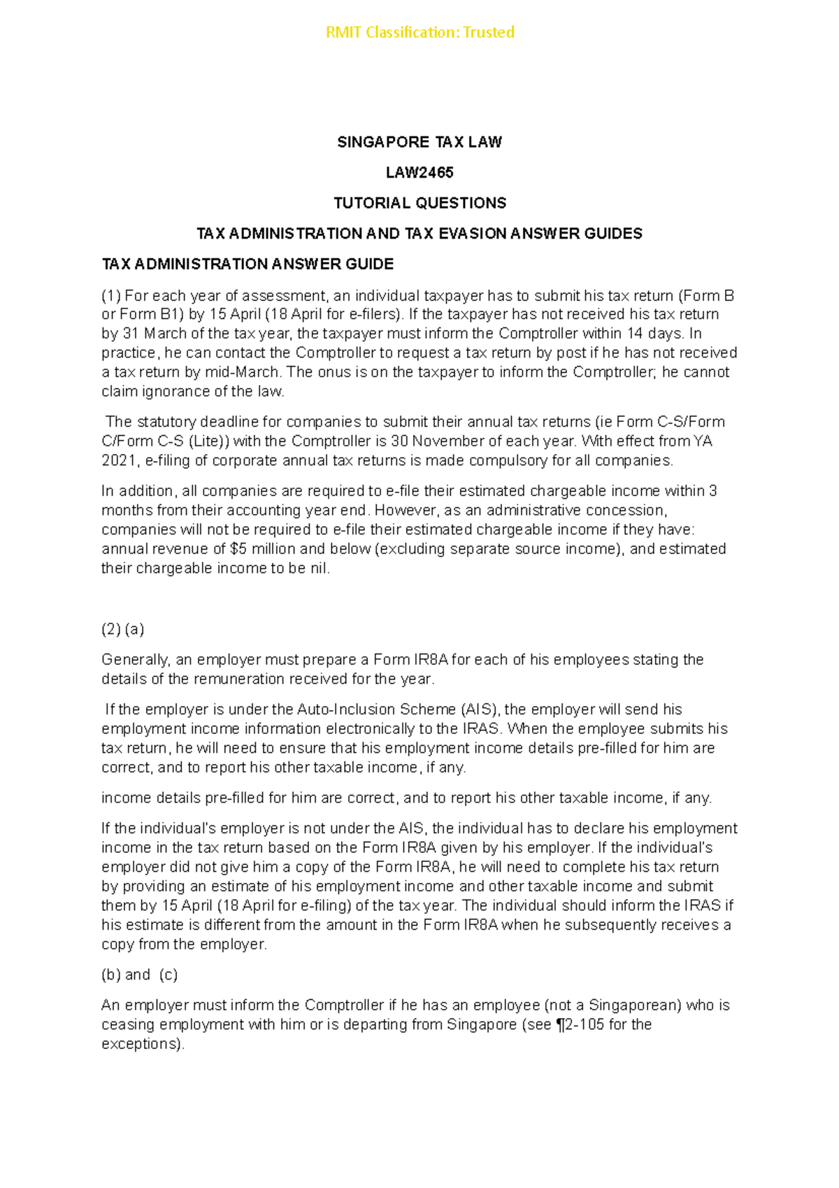 WEEK 10 TAX Administration AND TAX Evasion TUT Questions Answer Guide