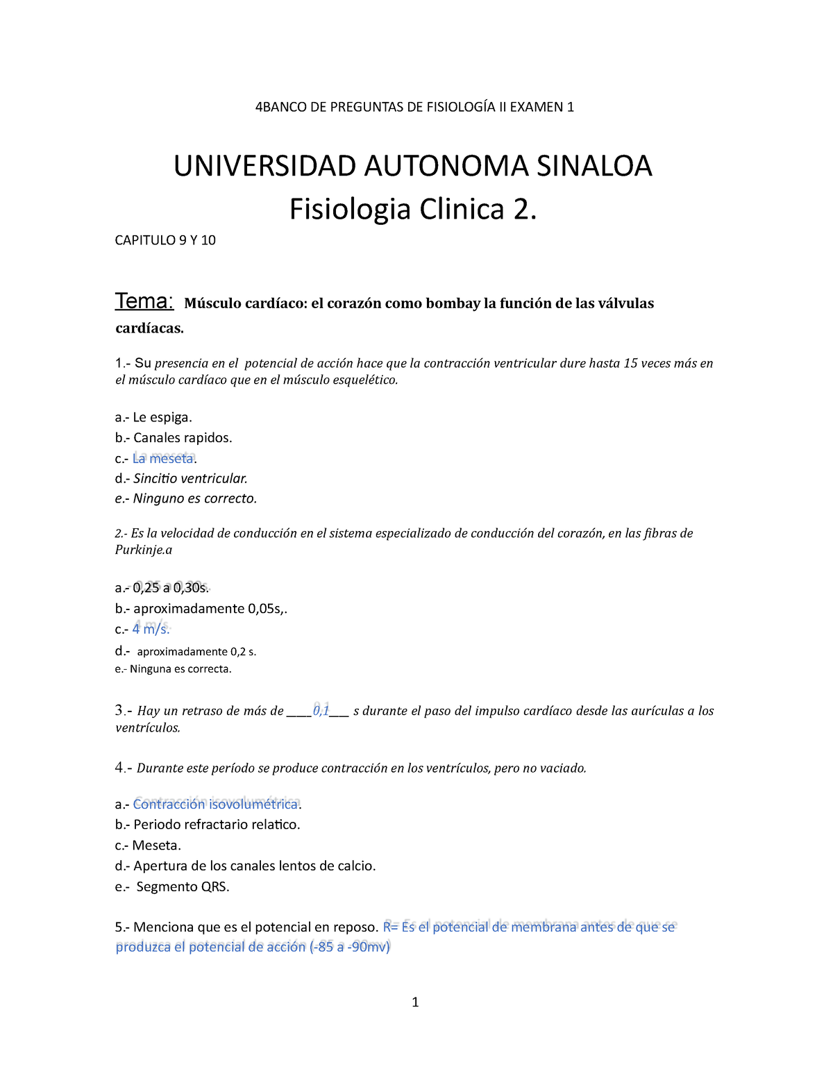 Banco DE Preguntas DE Fisiología II Examen 1 Contestado-1 - 4BANCO DE ...