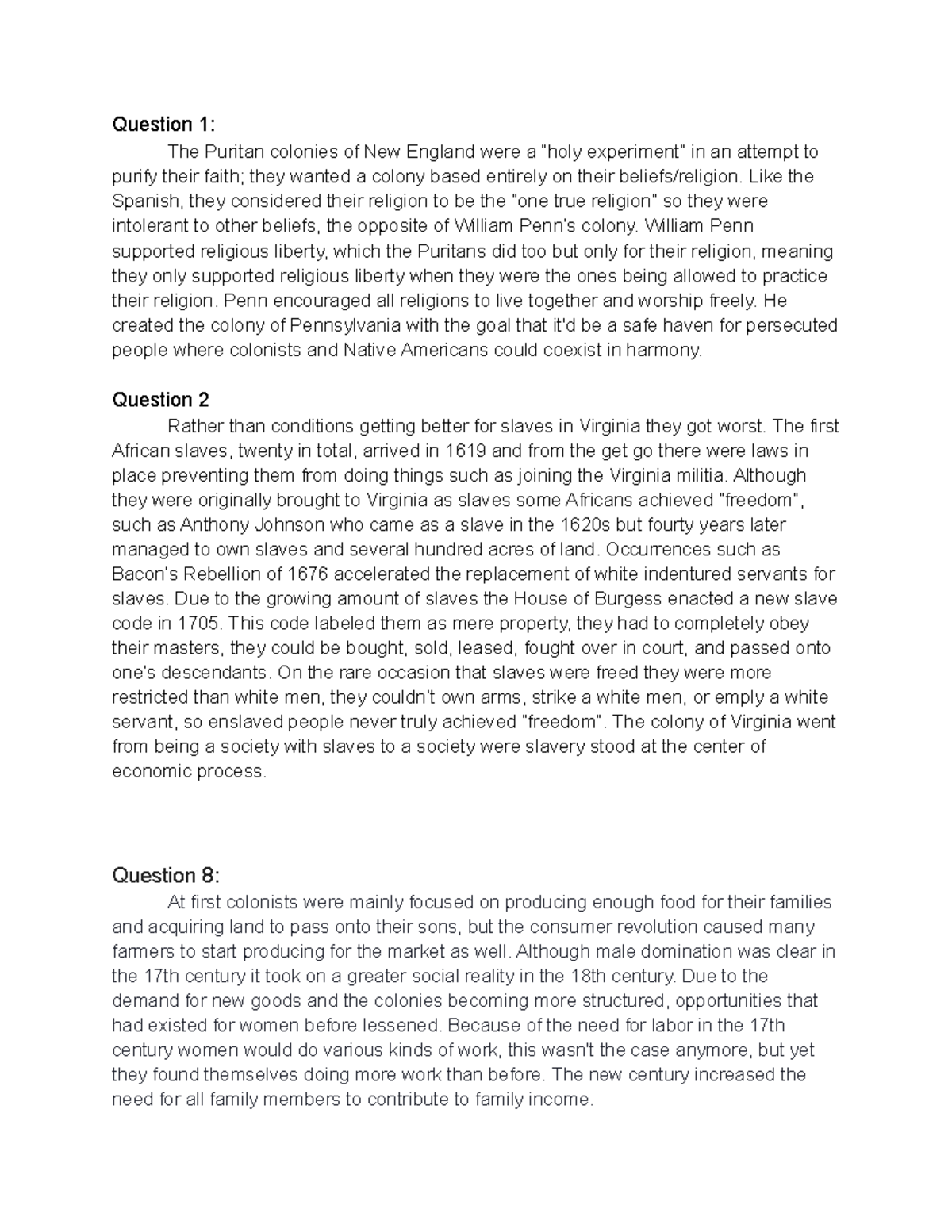 Chapter 3 Review Questions-2 - Question 1: The Puritan colonies of New ...