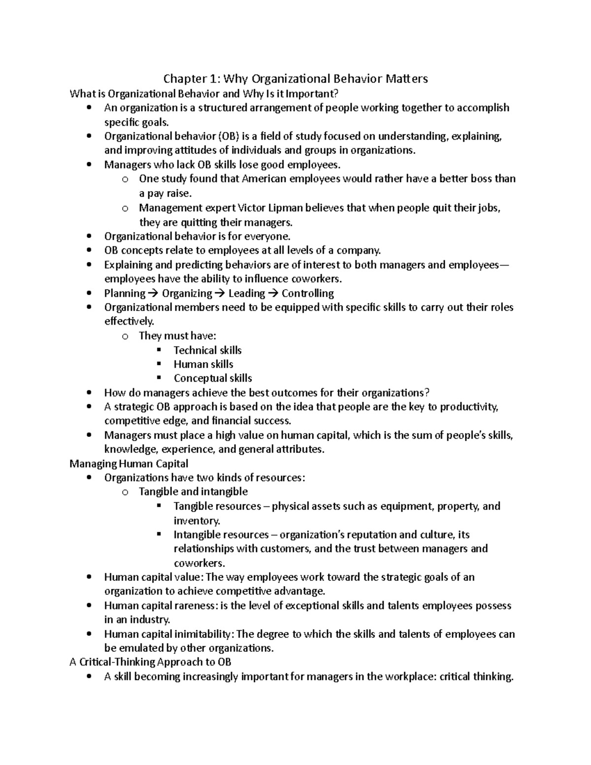 MGMT-261 Chapter 1 Notes - Chapter 1: Why Organizational Behavior ...