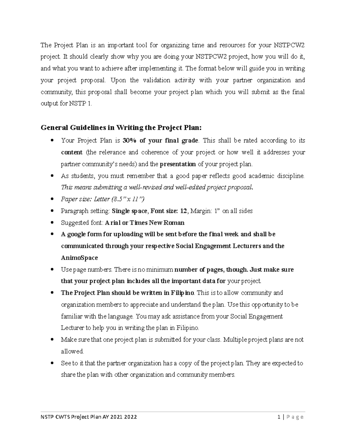 1 Nstpcw 1 Project Plan Template AY 2021 2022 - The Project Plan is an ...