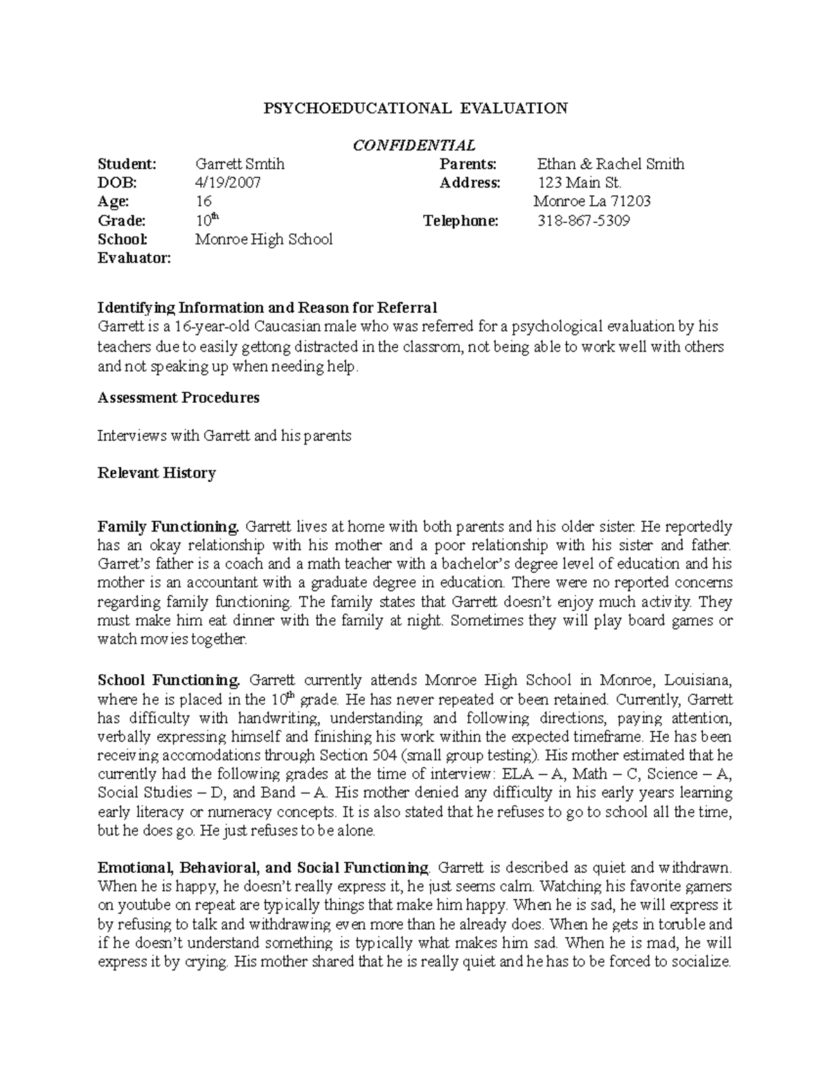 Rough Draft assignment - PSYCHOEDUCATIONAL EVALUATION CONFIDENTIAL ...