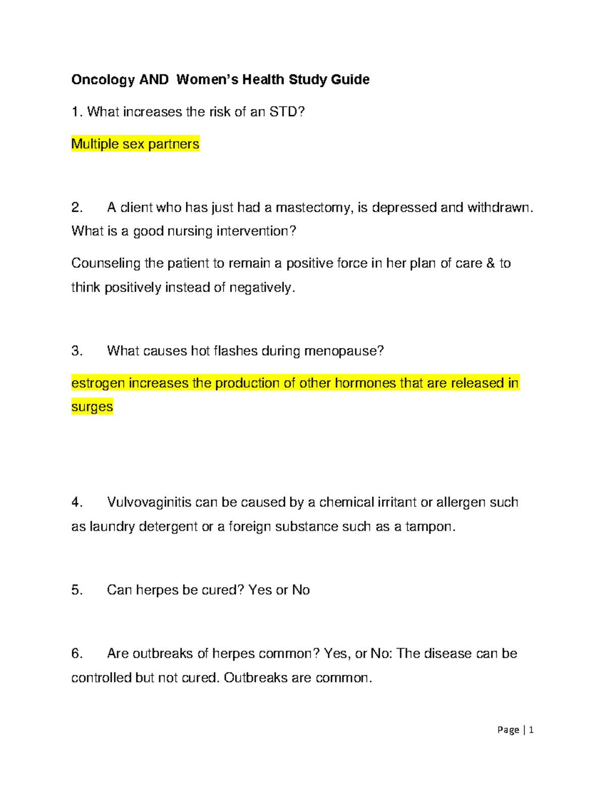 Oncology AND Women’s Health Study Guide Oncology AND Women’s Health