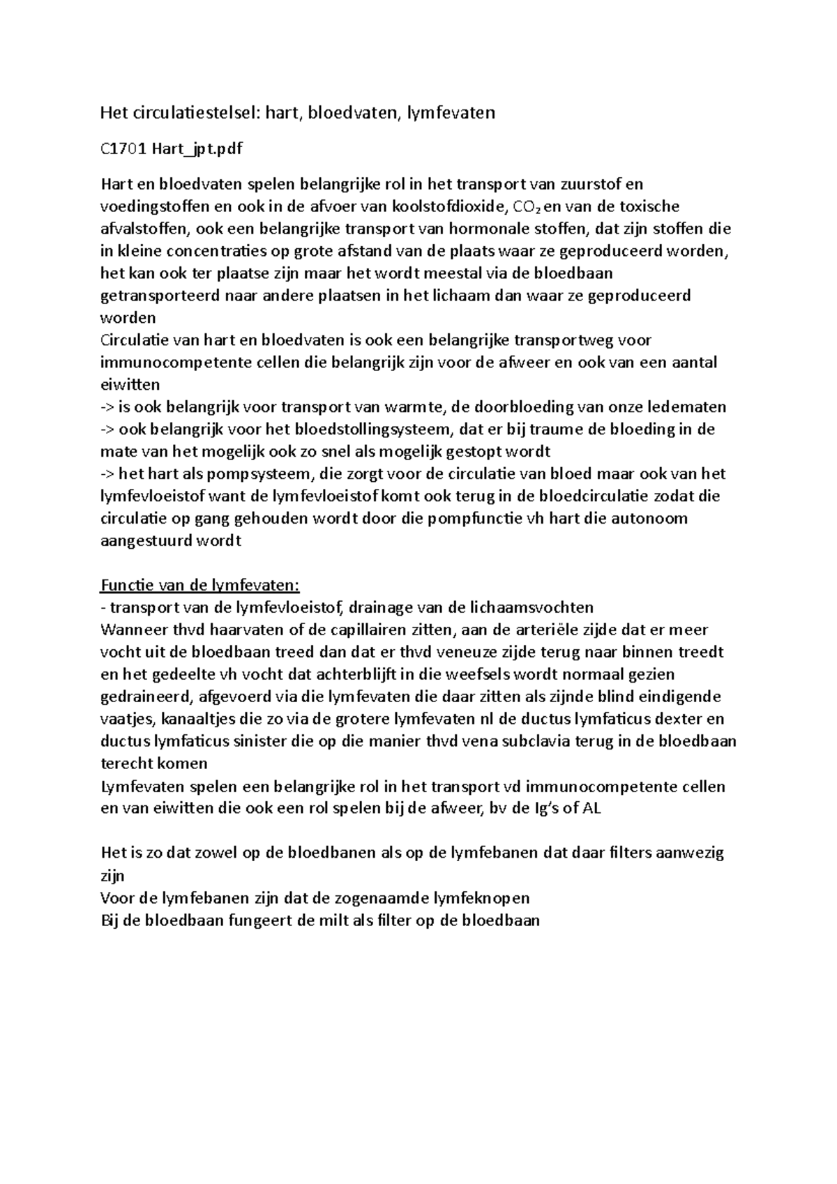 Circulatiestelsel Korte Aantekening Van De Les Het