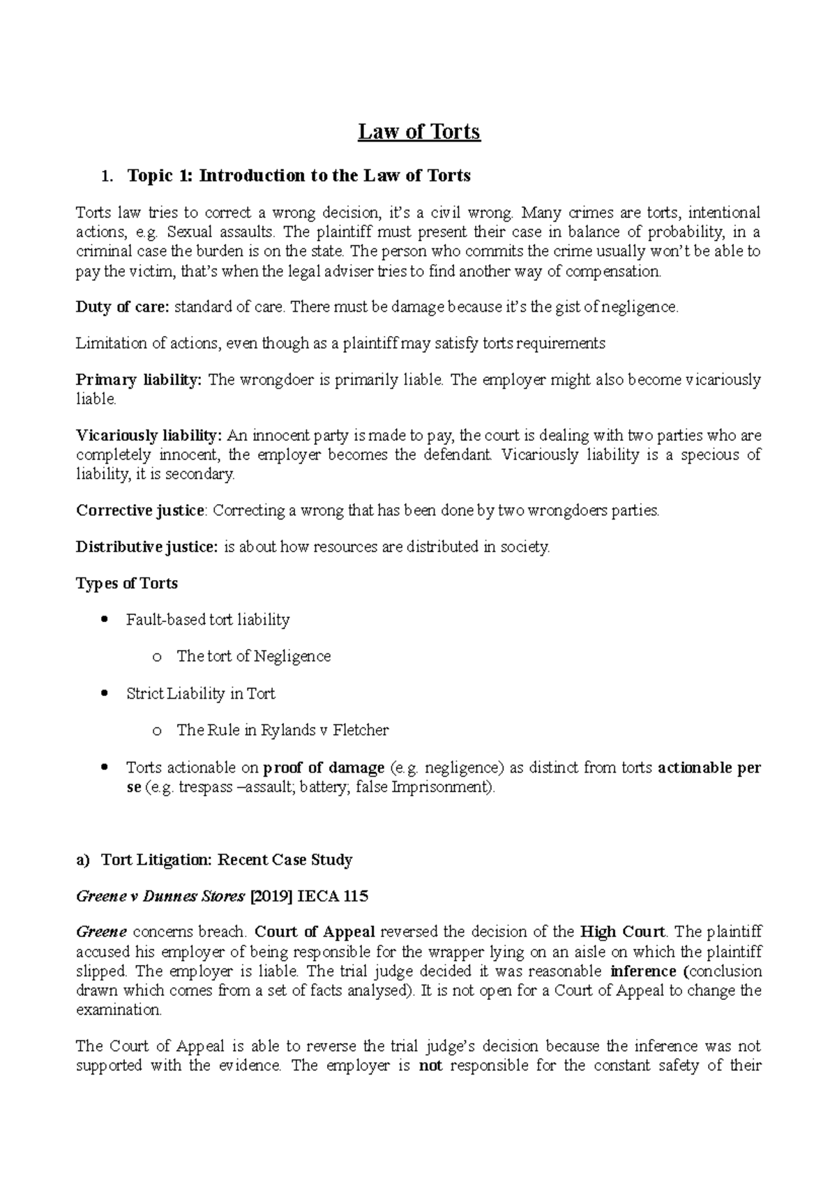 Tort Law - Exam Notes With Notes From Lectures - Law Of Torts 1. Topic ...