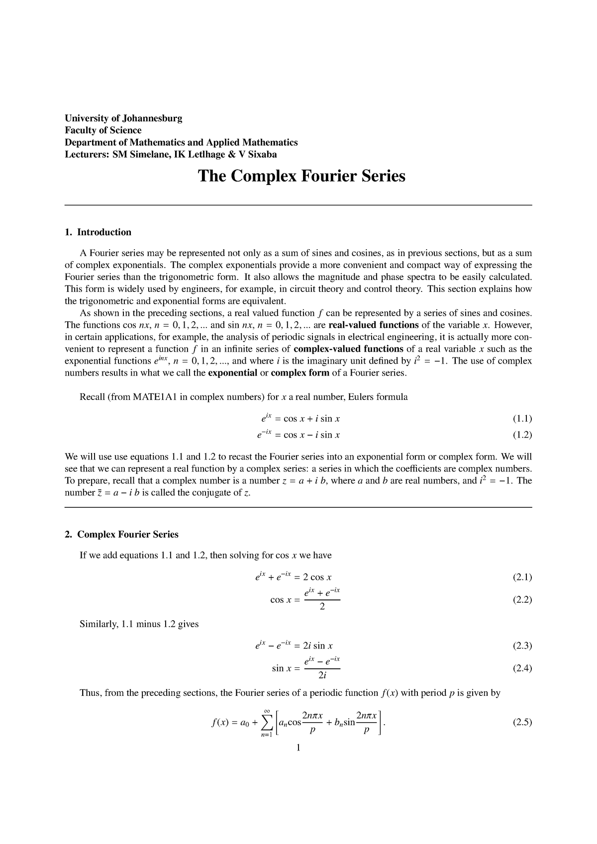 MATE2A2 Complex Fourier Series - University Of Johannesburg Faculty Of Science Department Of ...